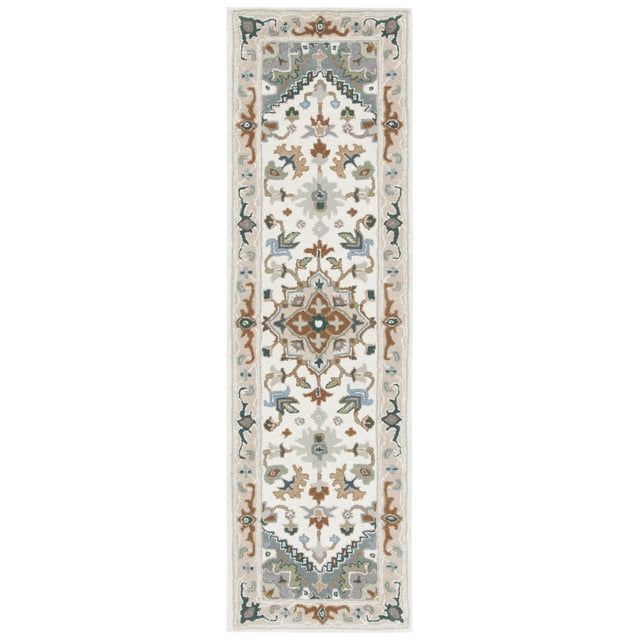 Ivory and Light Blue Wool Oriental Runner Rug