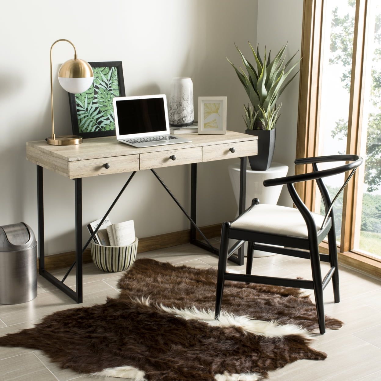 Transitional Black and Oak 3-Drawer Home Office Desk