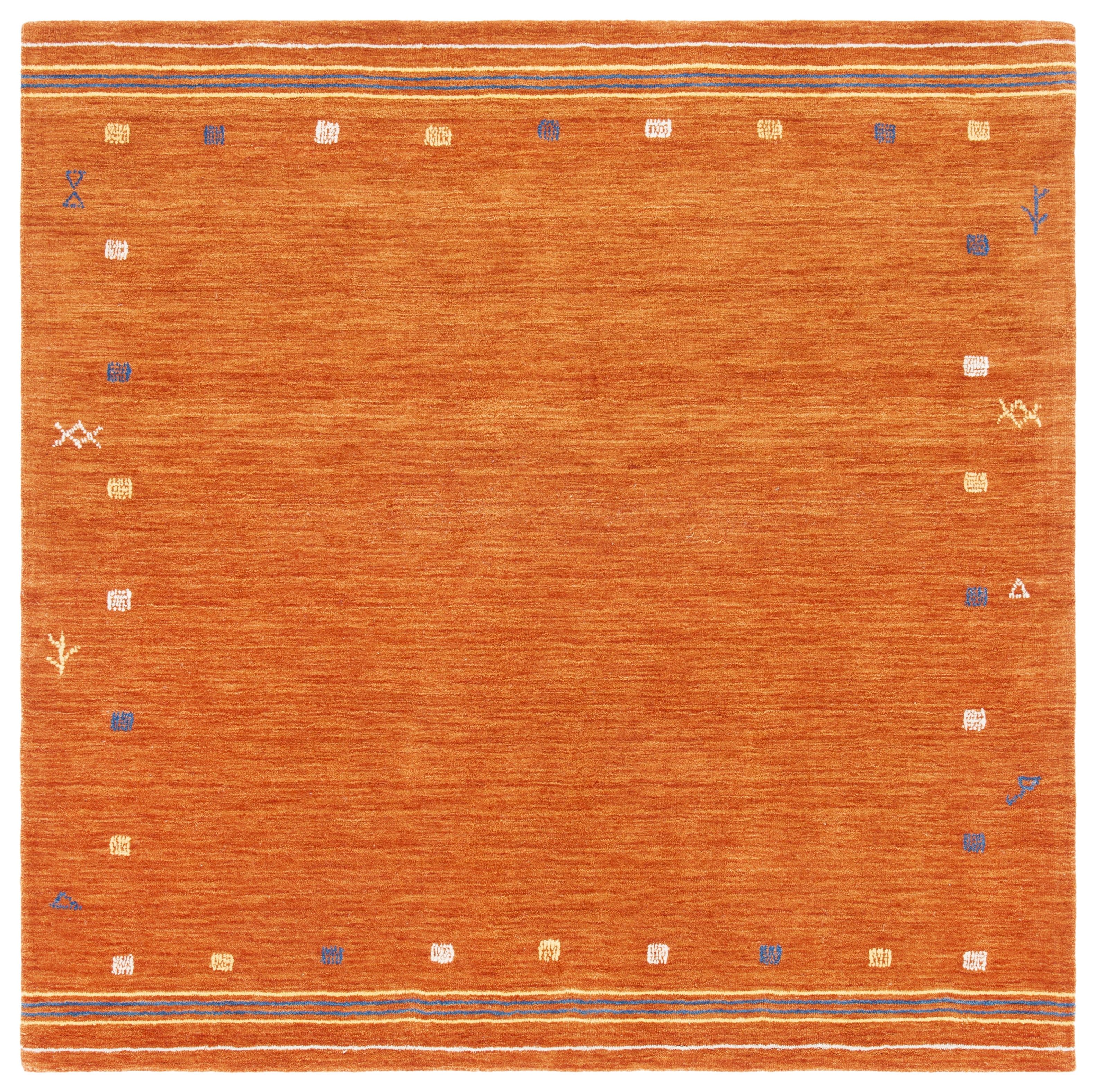 Rust Handmade Wool Square Area Rug with Tribal Accents, 8' x 8'