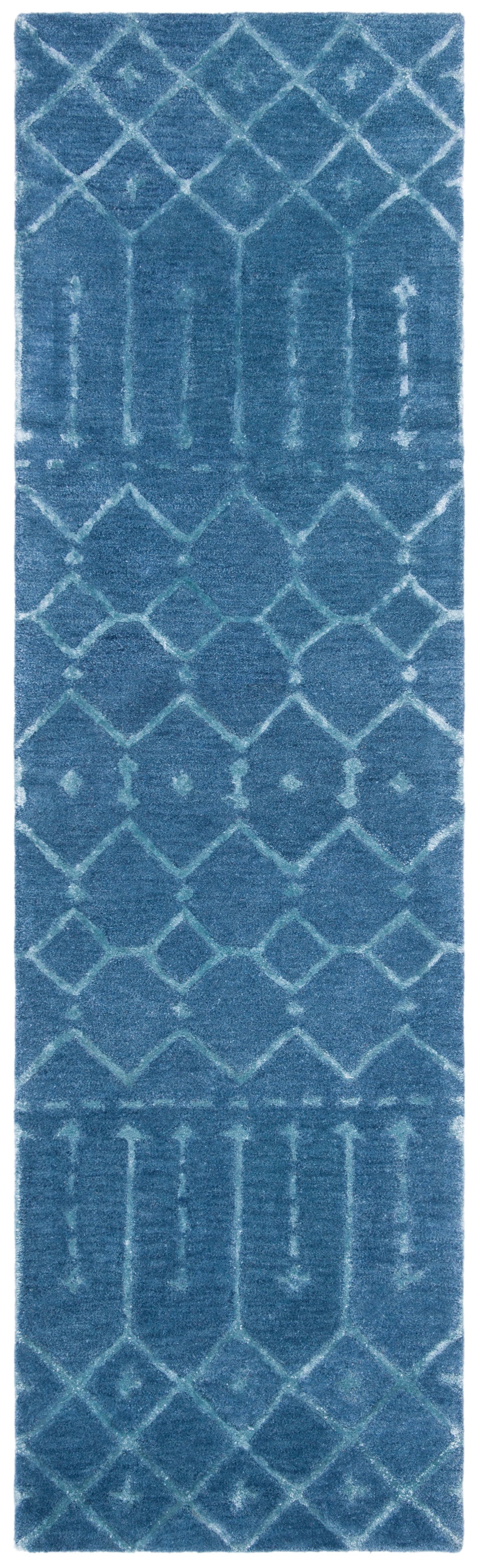 Handmade Navy and Silver Wool Geometric Runner Rug