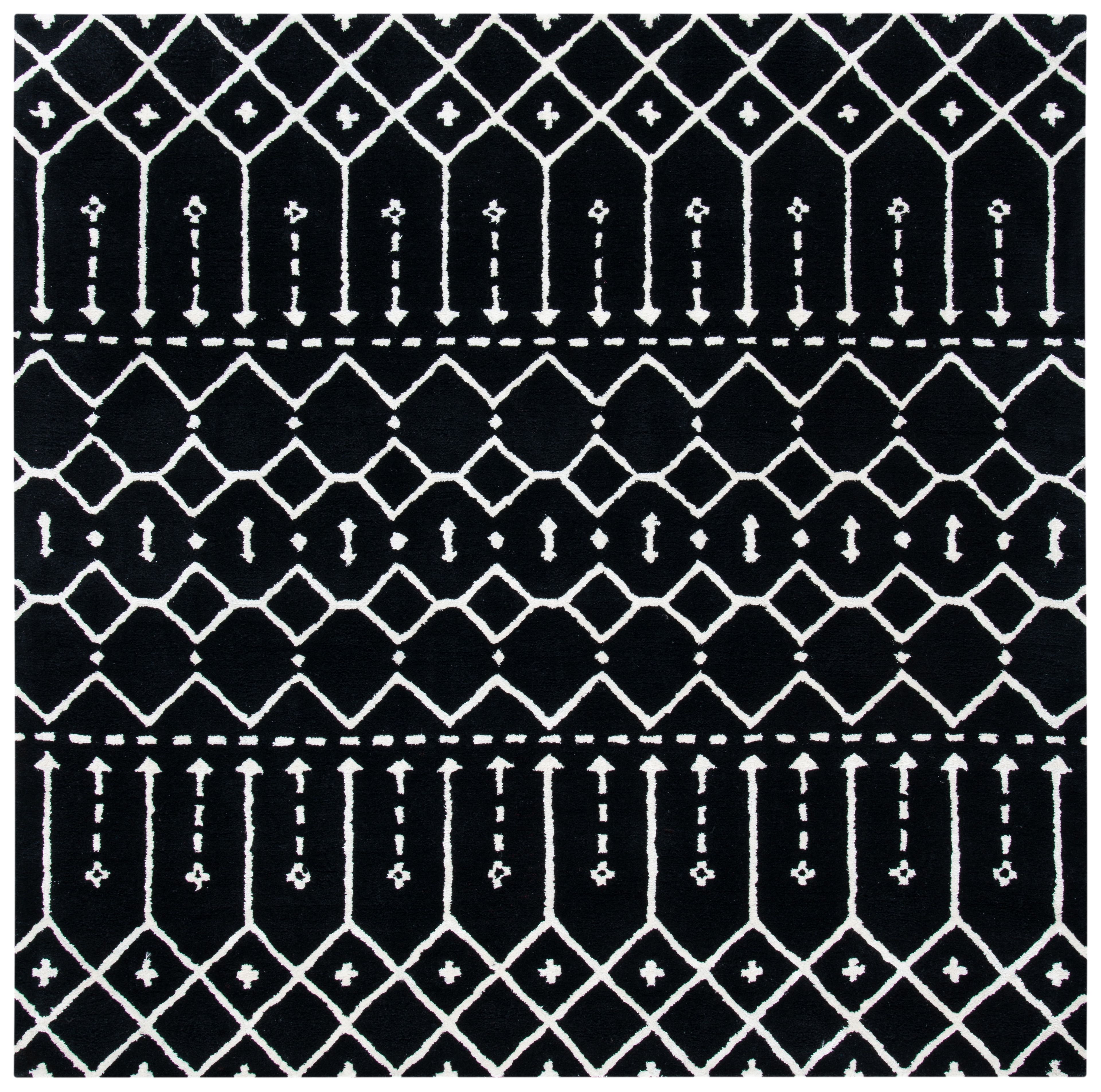 Handmade Black and Ivory Geometric Wool Square Rug, 6' x 6'