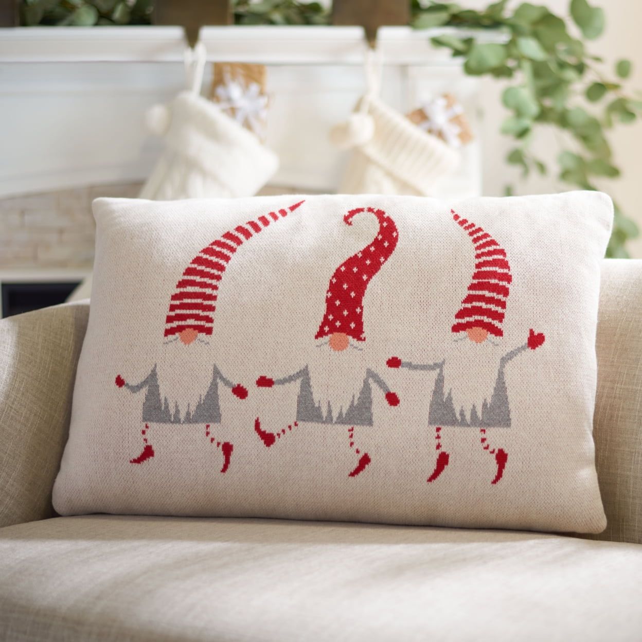 Festive Red and White Cotton Christmas Gnome Pillow