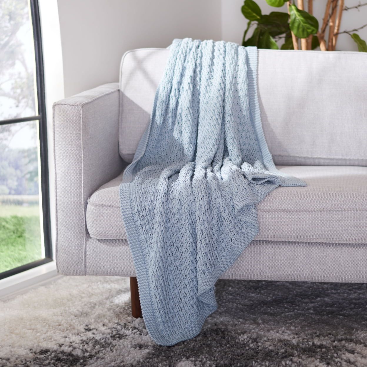 Hollie Blue Knitted Cotton Throw Blanket