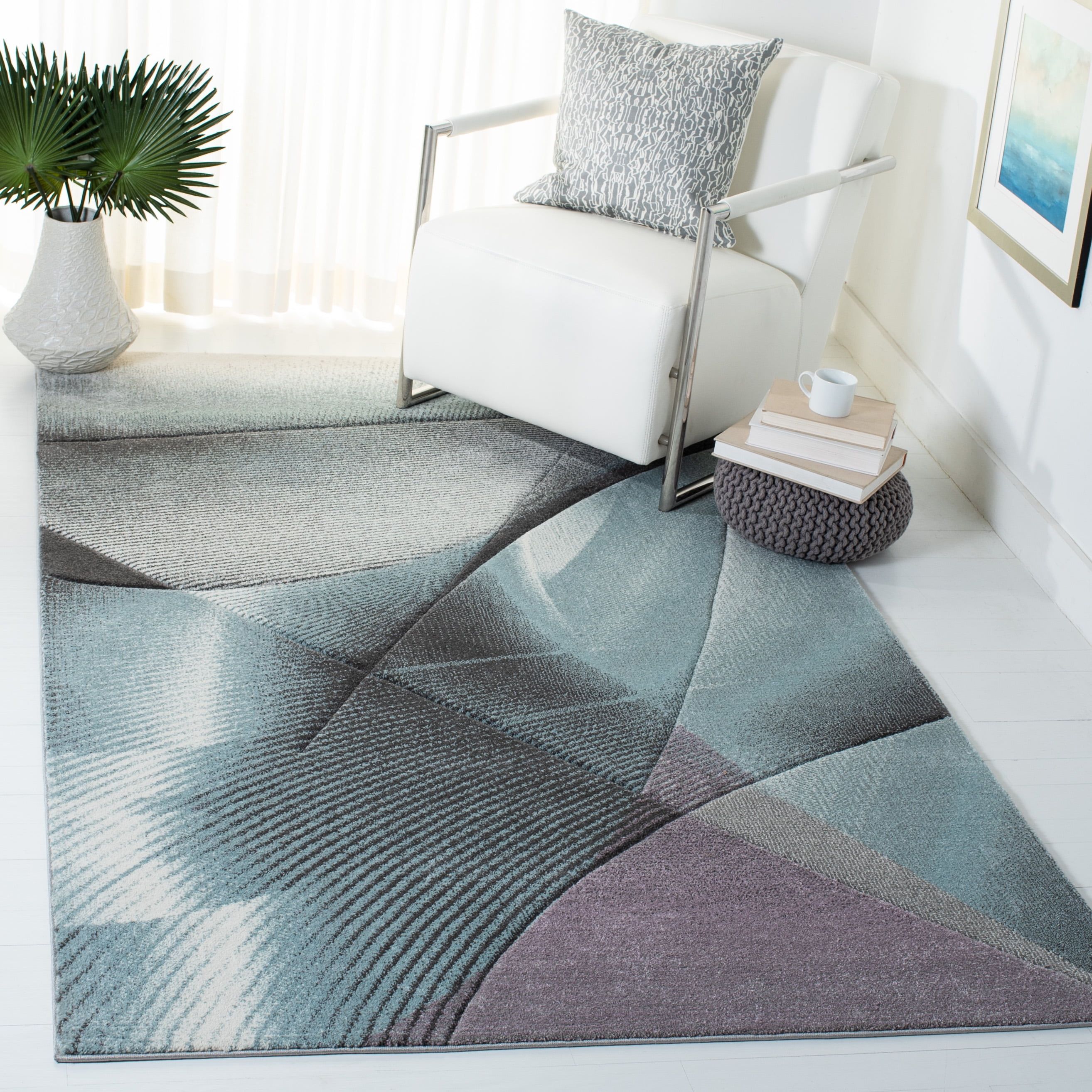 Light Blue and Gray Geometric Synthetic Area Rug, 5'3" x 7'6"