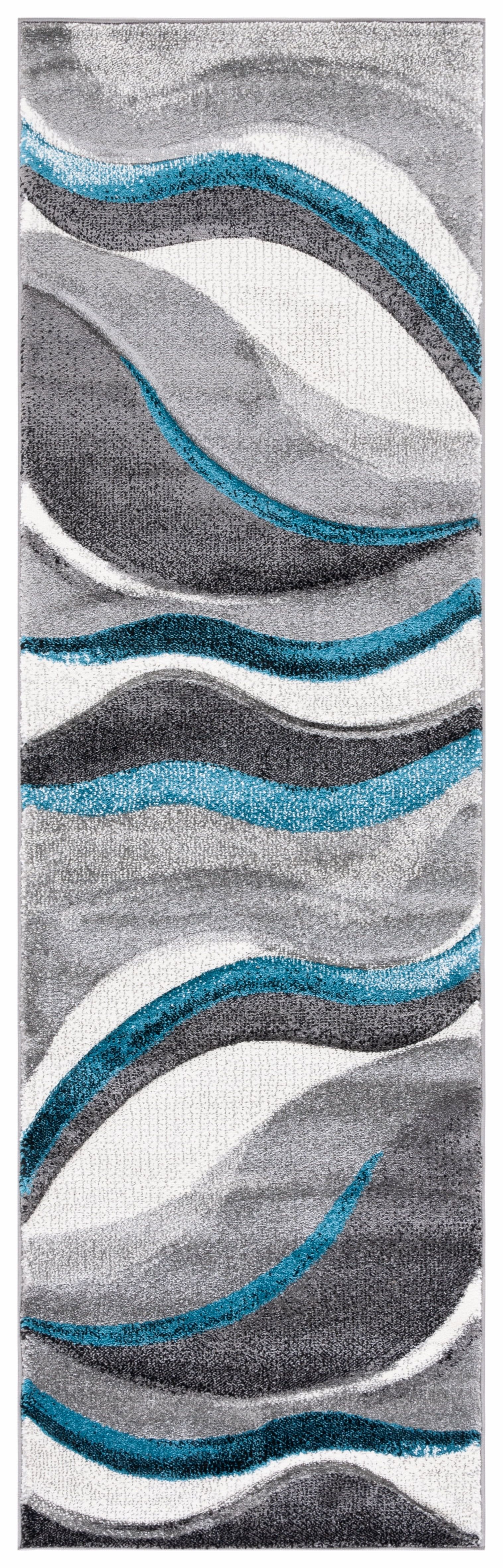 Grey and Turquoise Synthetic Non-Slip Runner Rug, 2'3" x 8'