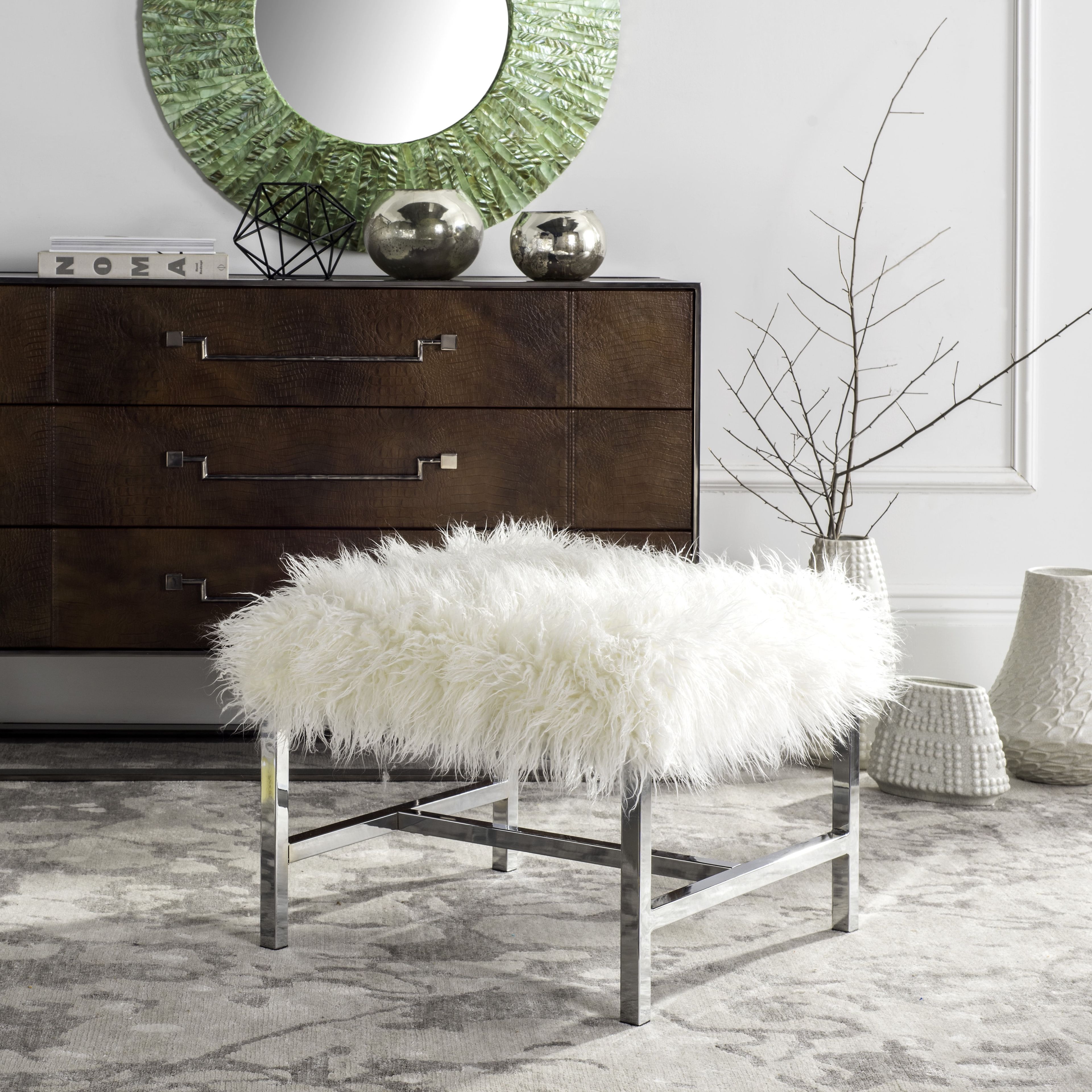 White Faux Sheepskin and Chrome Square Ottoman