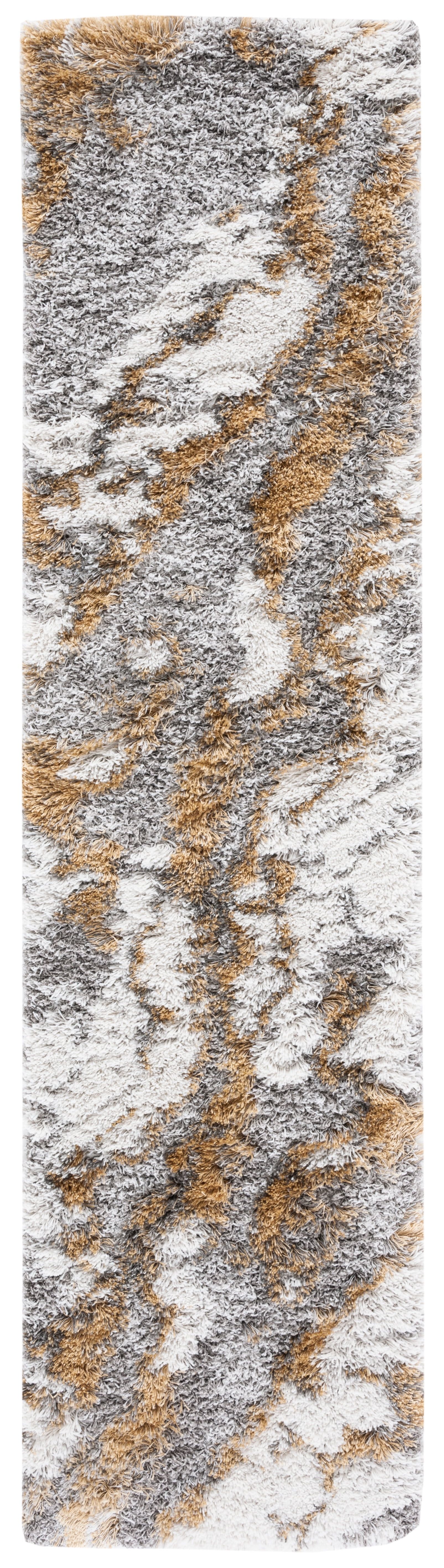 Grey and Gold Abstract Shag Runner Rug, 2' x 17'