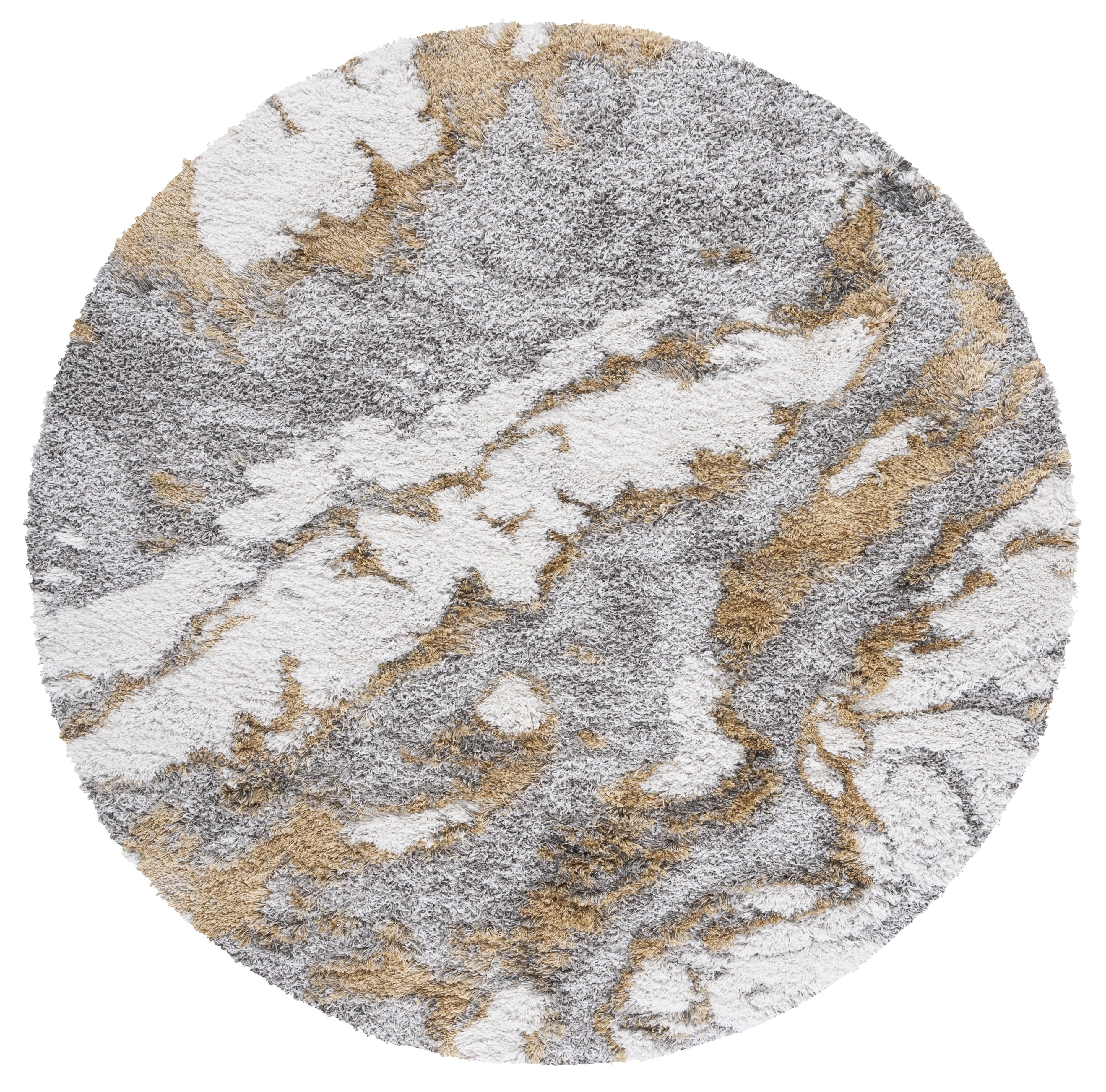 Grey and Gold Abstract Round Shag Area Rug, 8' Diameter