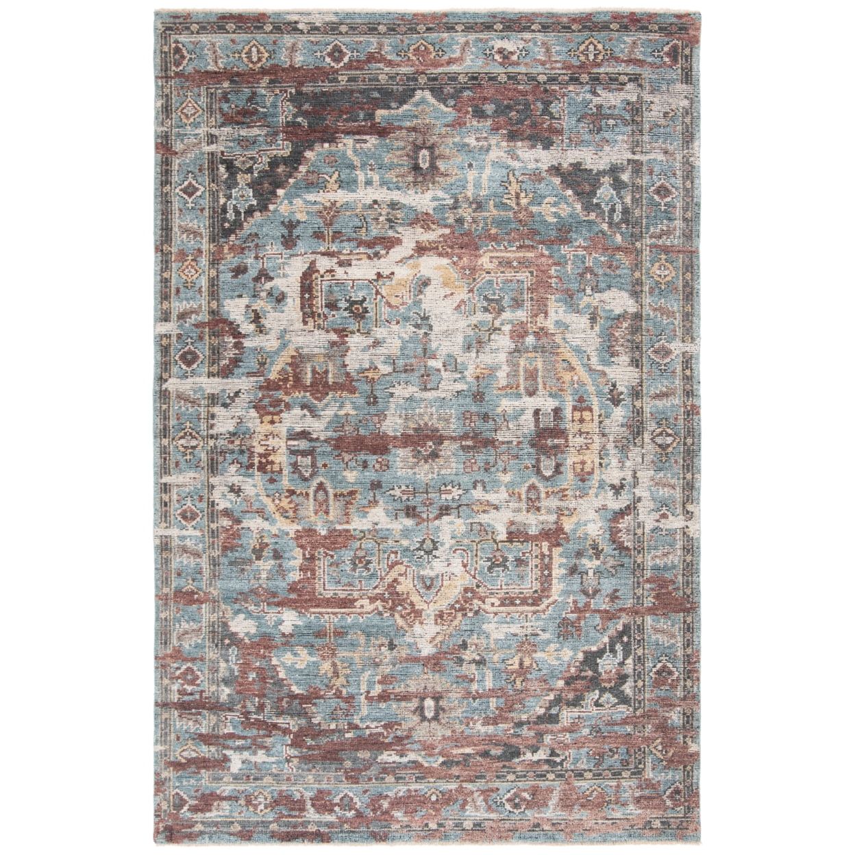 Hand-Knotted Blue and Light Brown Wool Geometric Area Rug 6' x 9'