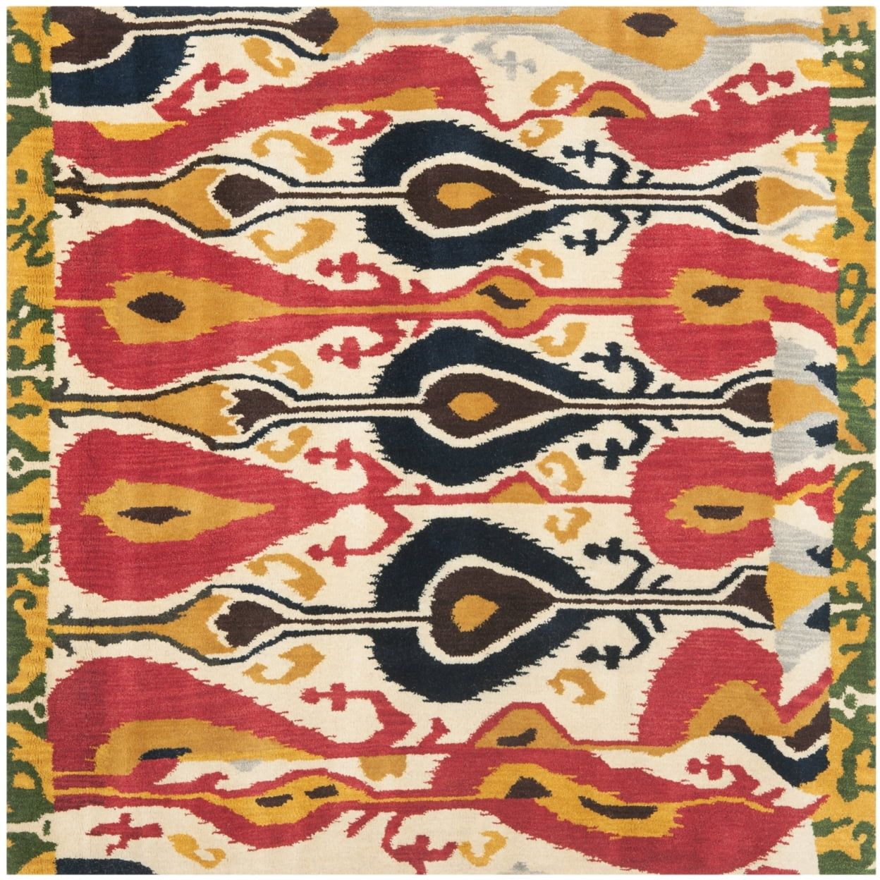 Hand-Tufted Cream and Green Wool Ikat Square Rug, 6' x 6'