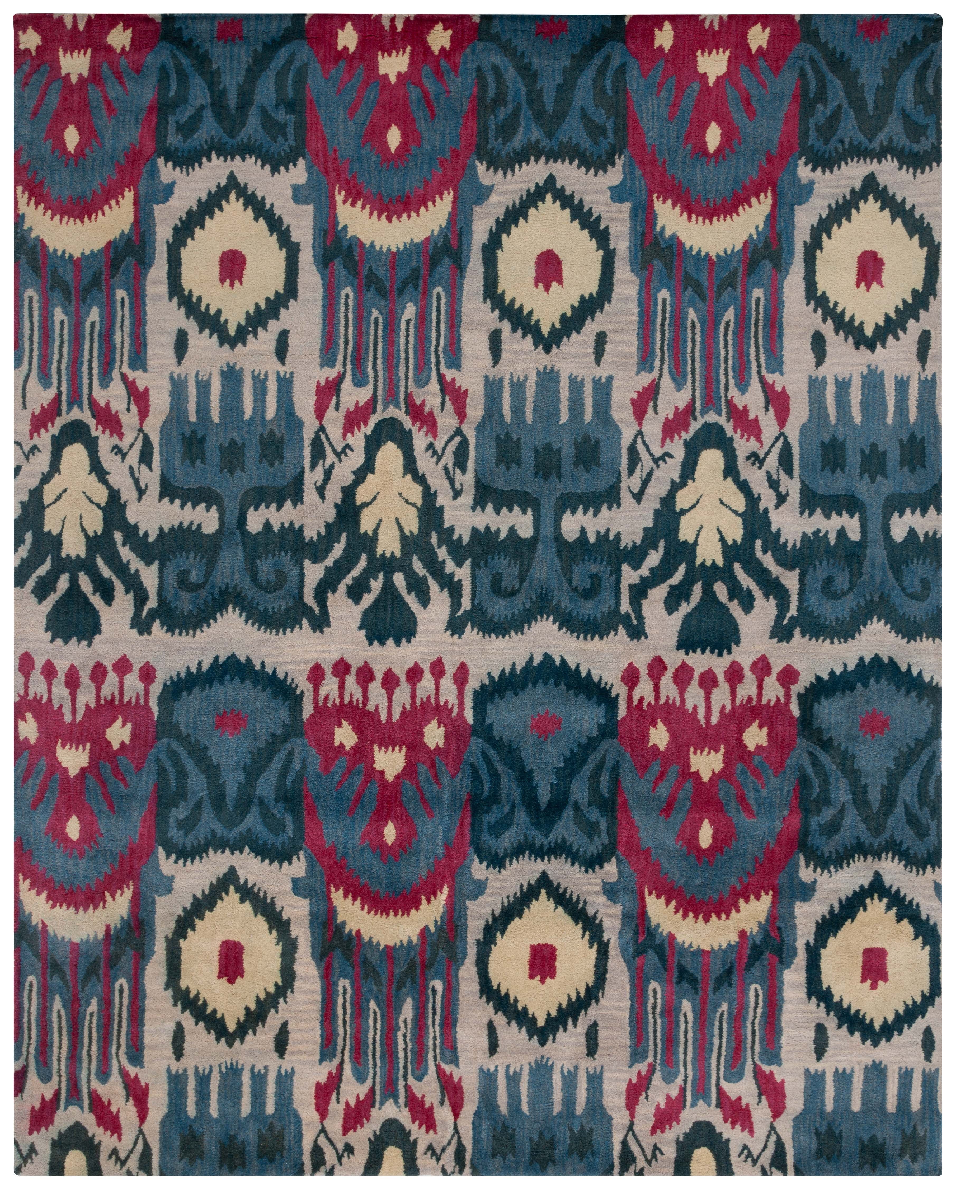 Handmade Blue and Beige Wool Ikat 9' x 12' Rug