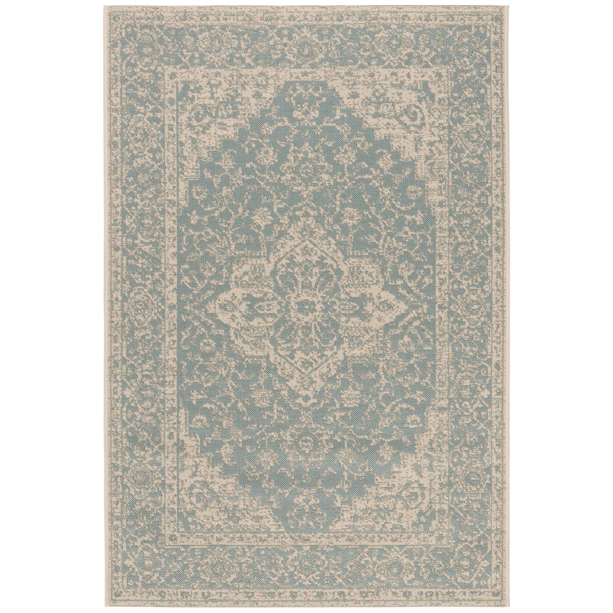 Aqua and Cream Synthetic Non-slip Indoor Outdoor Rug 48" x 26"