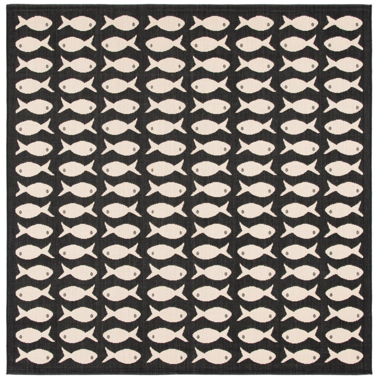 Tropical Coastal Square Rug 5'3" - Black & Beige, Synthetic, Non-Slip