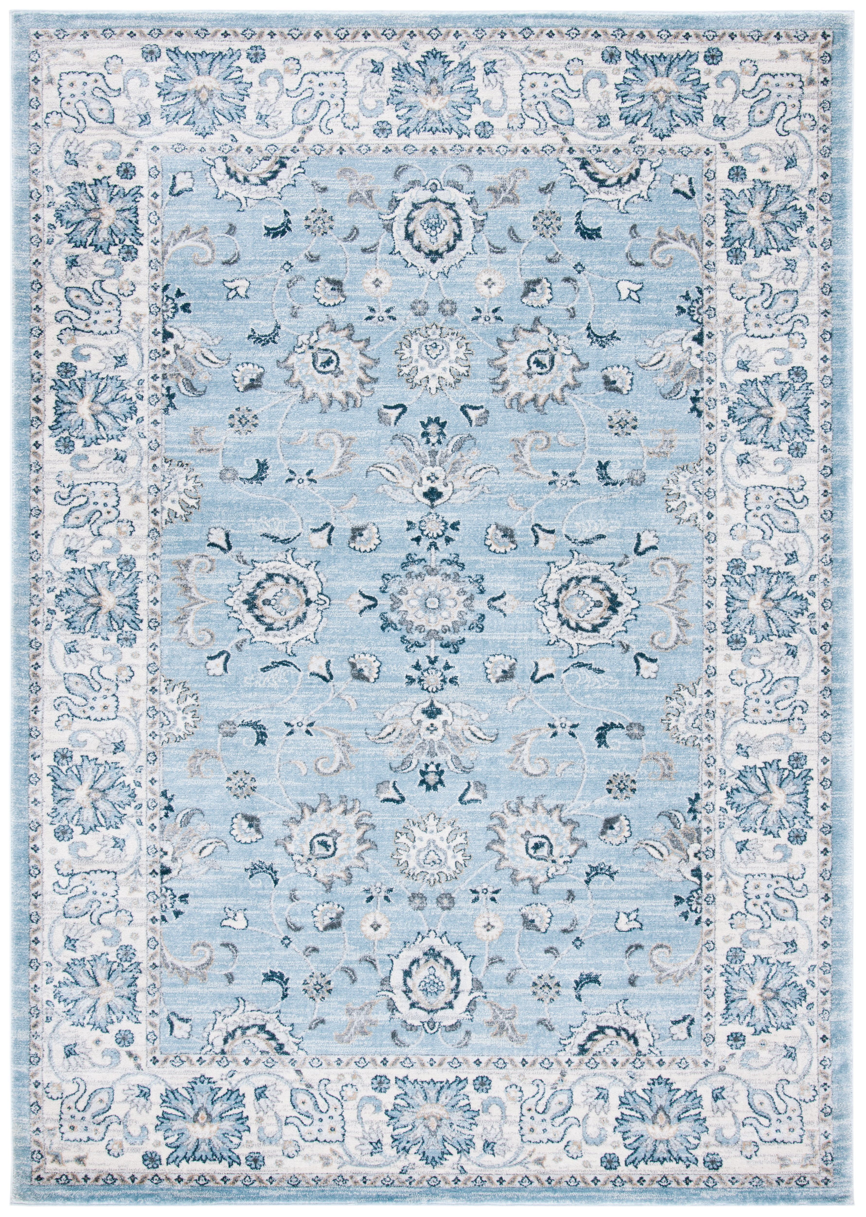 Light Blue and Cream Synthetic Oriental Area Rug, 6'7" x 9'