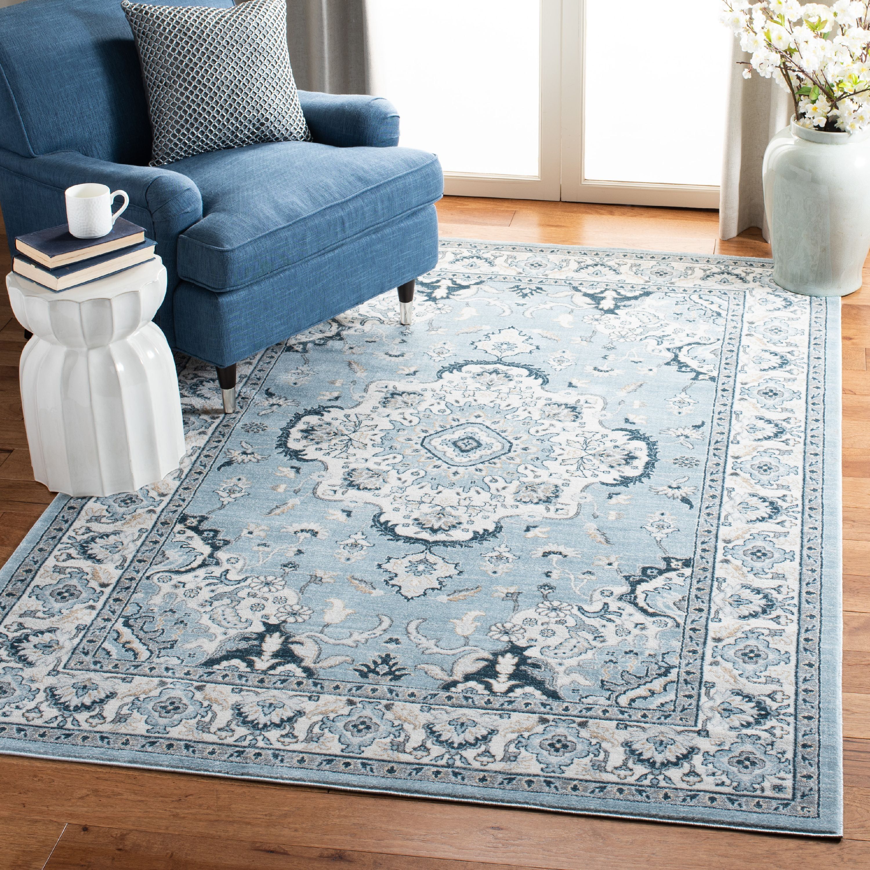 Light Blue and Cream Floral Medallion Area Rug