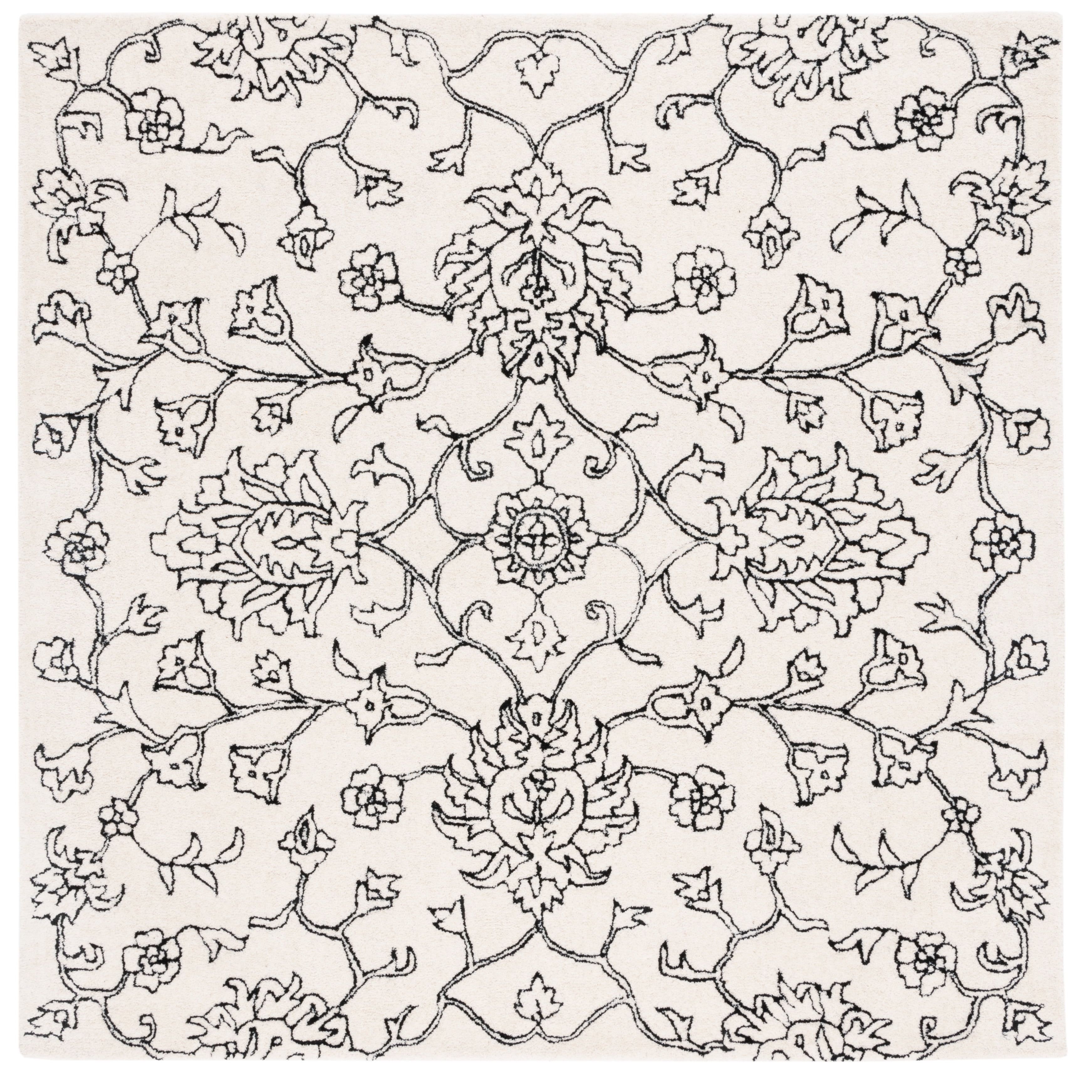Ivory and Black Floral Hand-Tufted Wool Square Rug