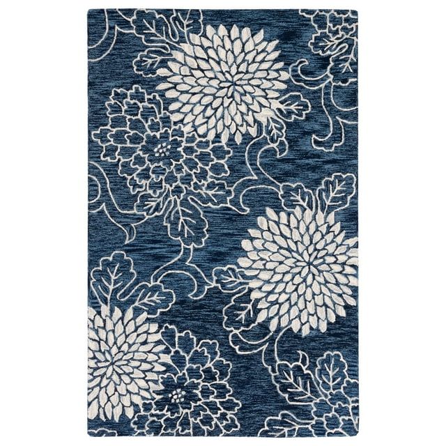Navy and Ivory Floral Handmade Wool Area Rug, 3' x 5'