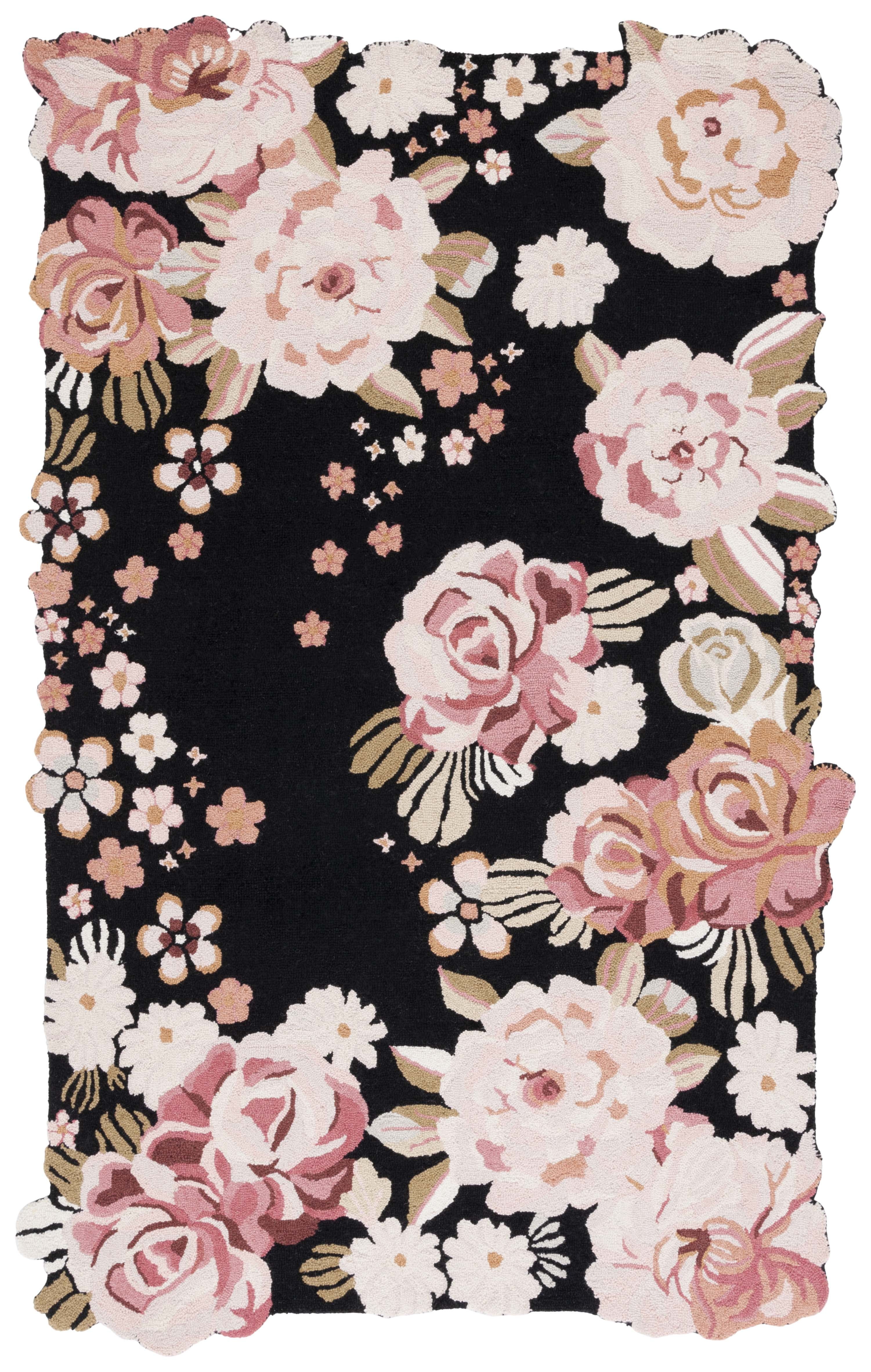 Hand-Tufted Black and Pink Floral Wool Area Rug, 4' x 6'