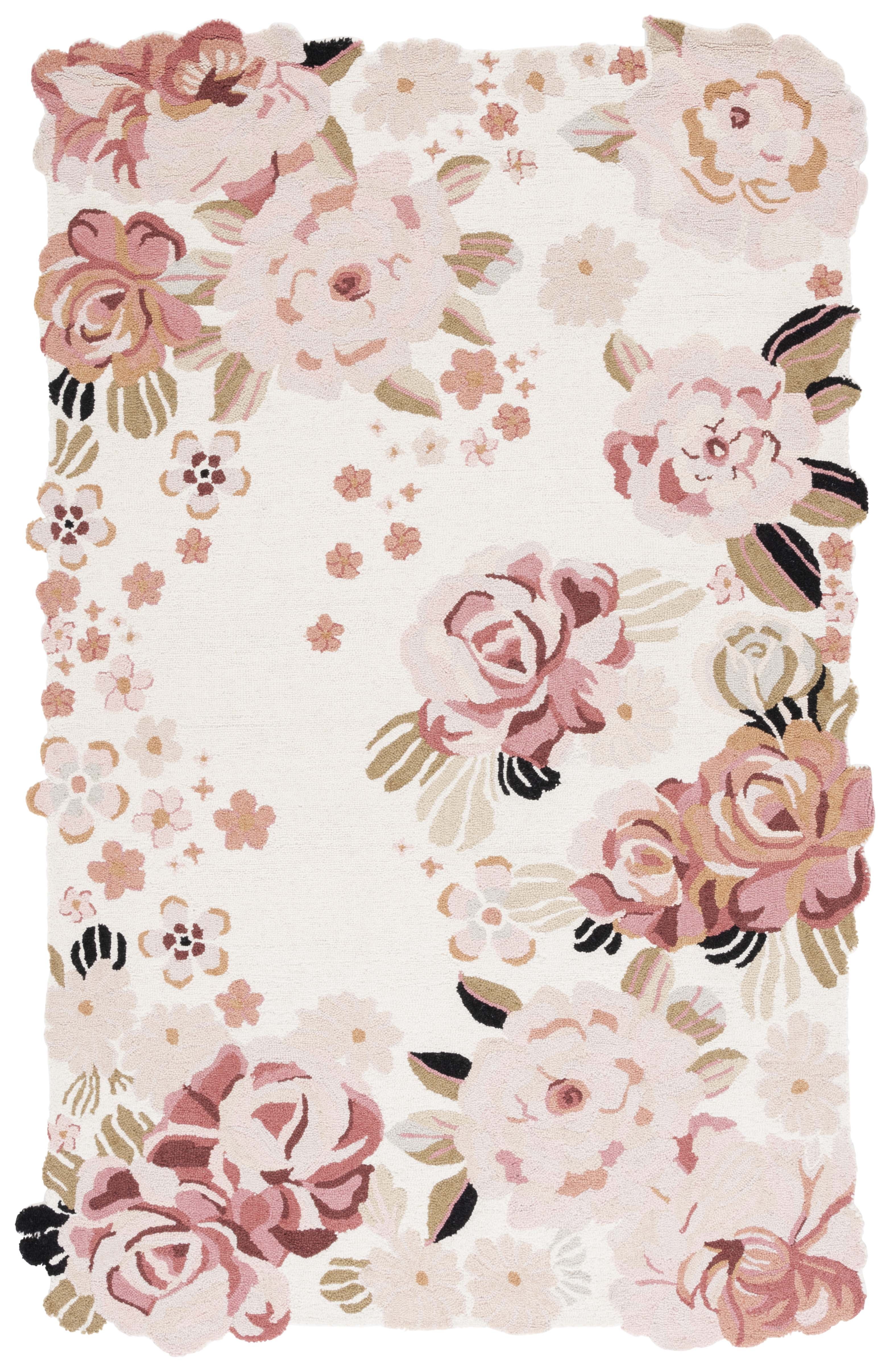 Ivory and Pink Floral Hand-Tufted Wool Area Rug, 5' x 8'