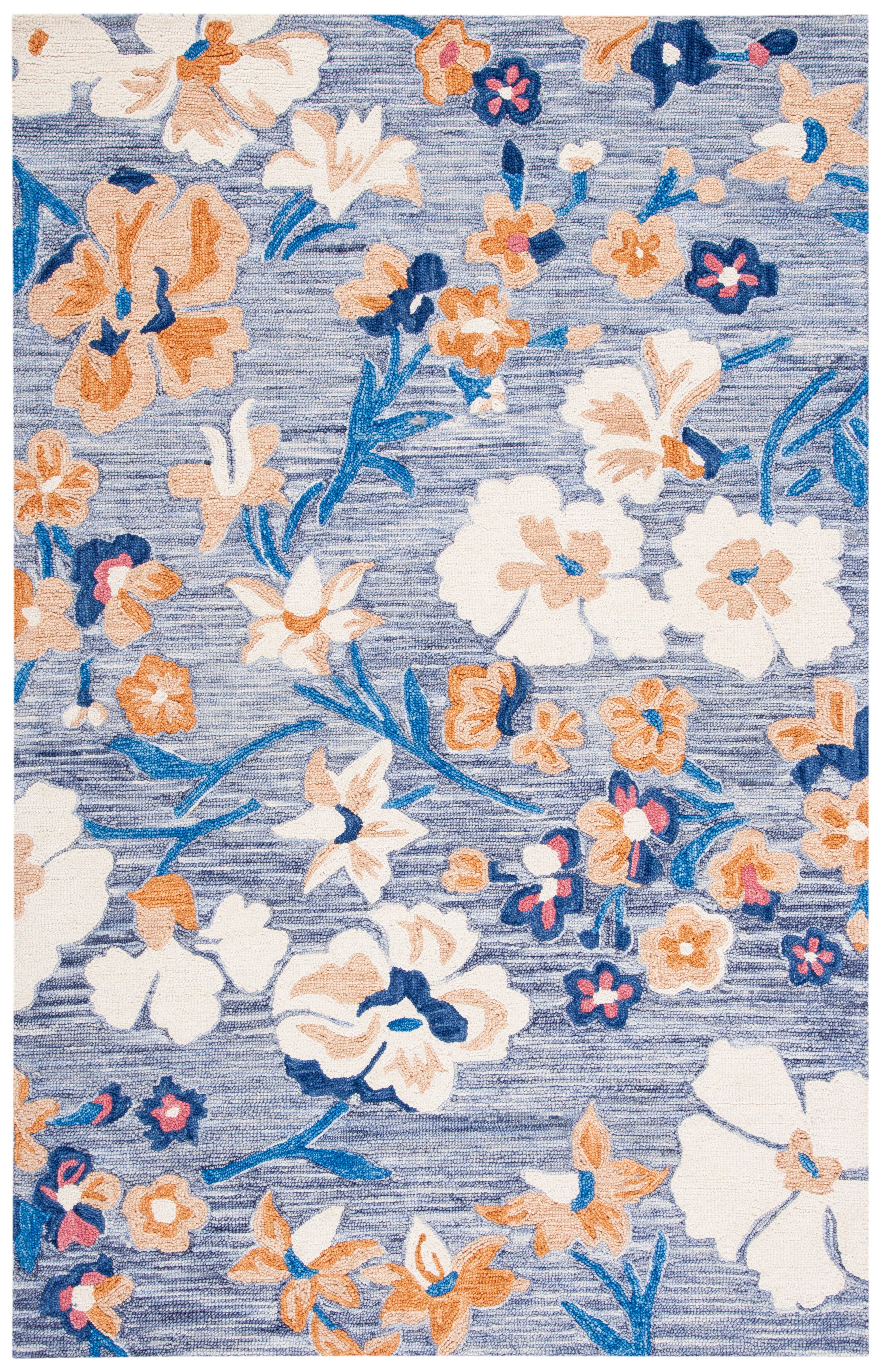 Ivory and Blue Floral Handmade Wool Area Rug, 5' x 8'