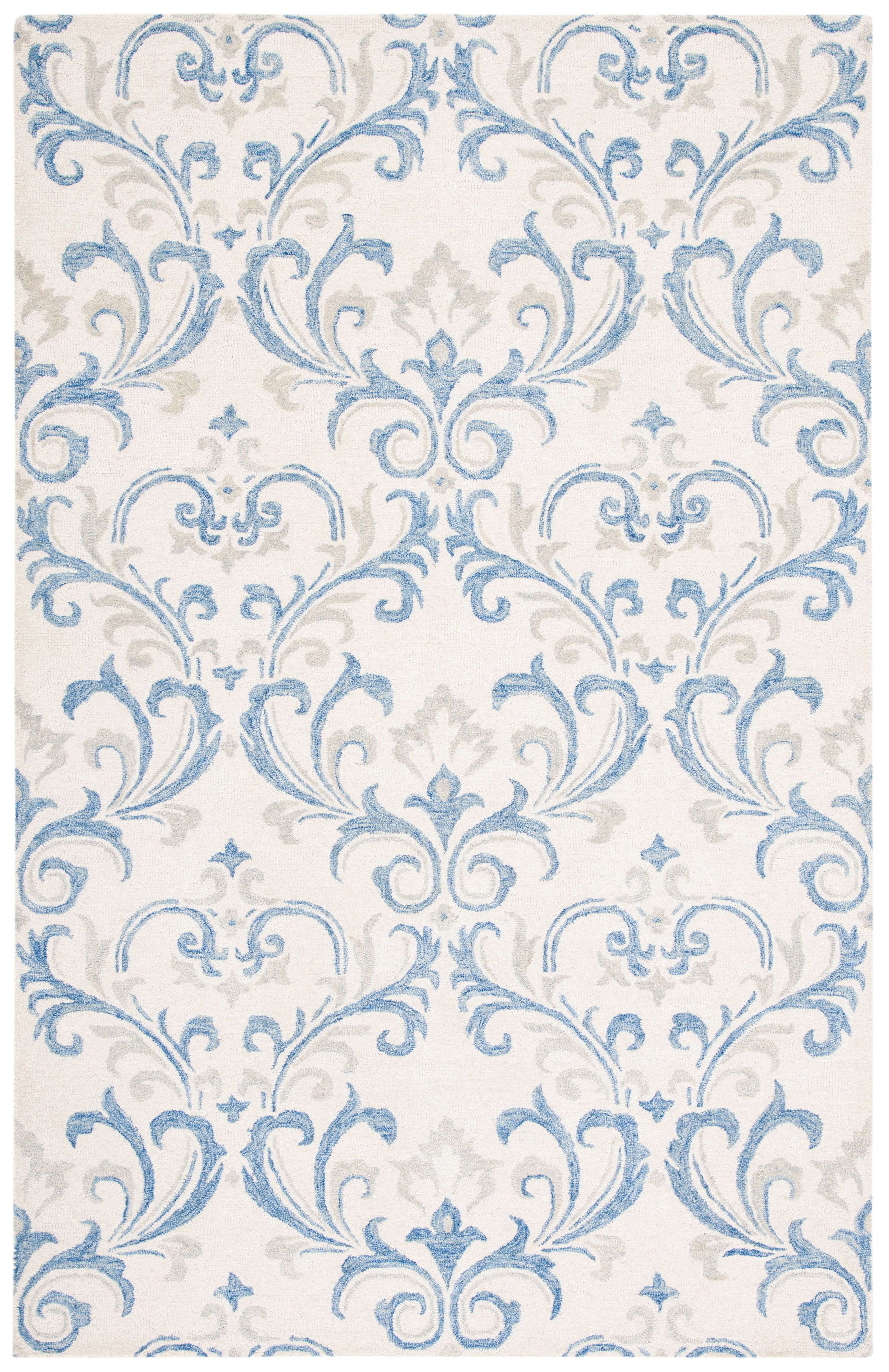 Ivory and Blue Floral Handmade Wool Area Rug, 4' x 6'