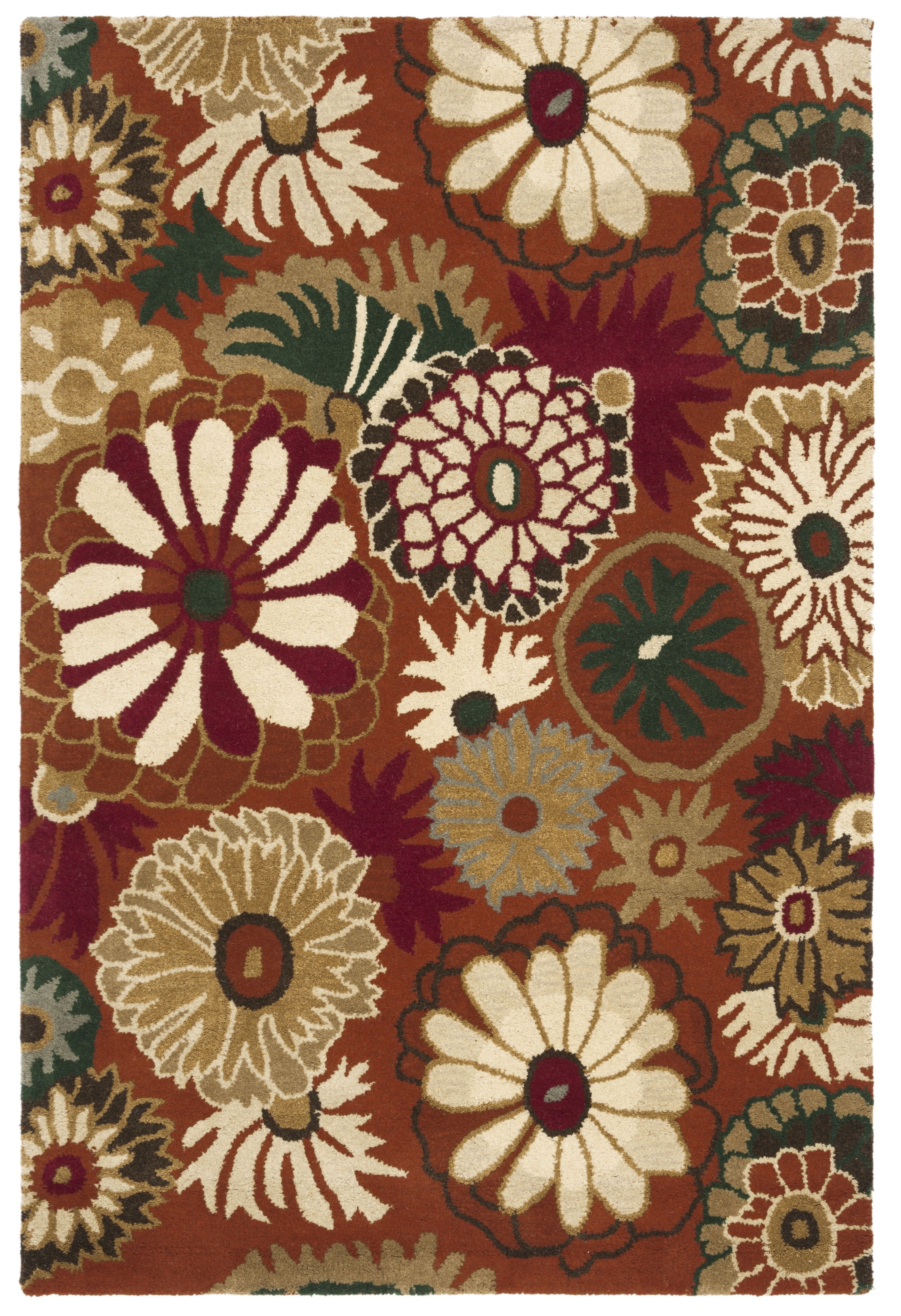 Ivory and Rust Floral Handmade Wool 4' x 6' Rug