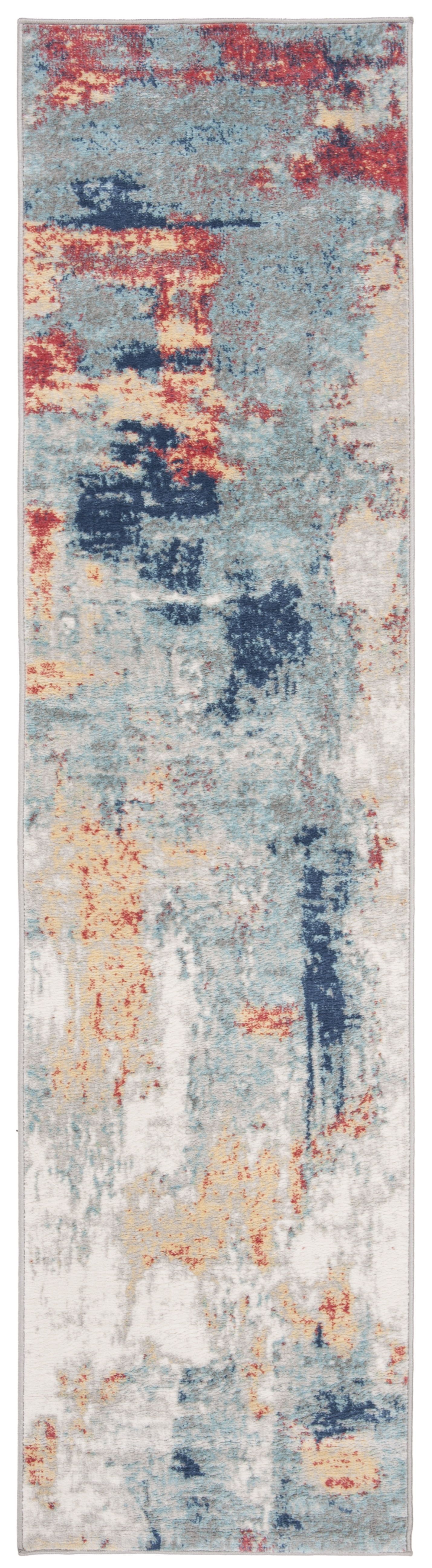 Contemporary Grey & Red Abstract Synthetic Runner Rug 2' x 14'