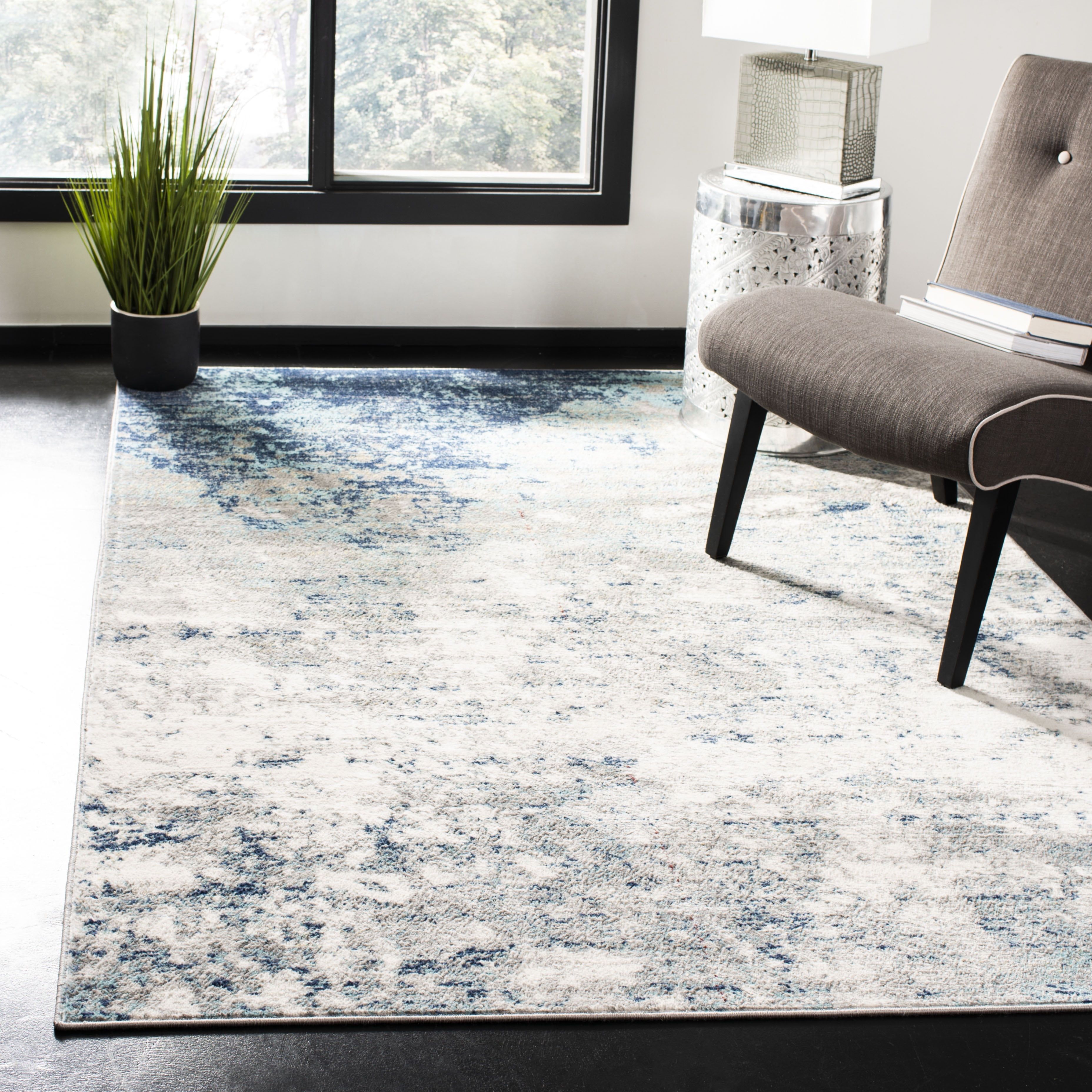 Contemporary Jasper Grey & Blue Abstract Synthetic Area Rug, 12' x 15'