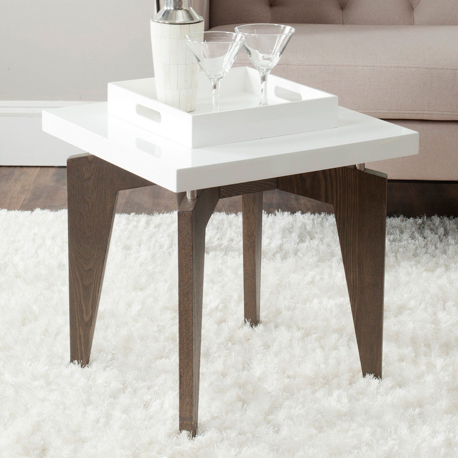 Sleek Transitional 20" Square Wood & Metal End Table in White/Dark Brown