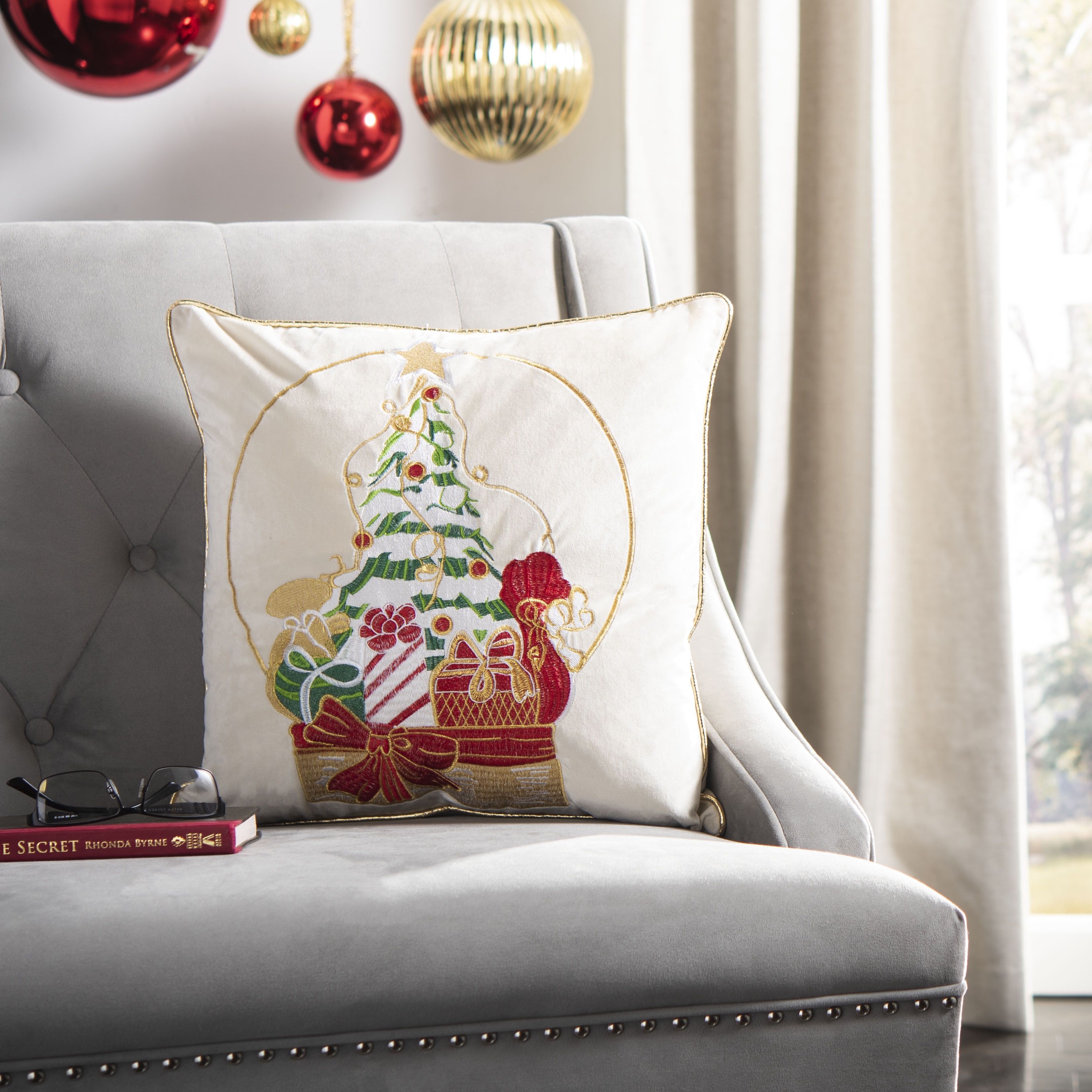 Beige and Red Christmas Tree Decorative Pillow 18" x 18"