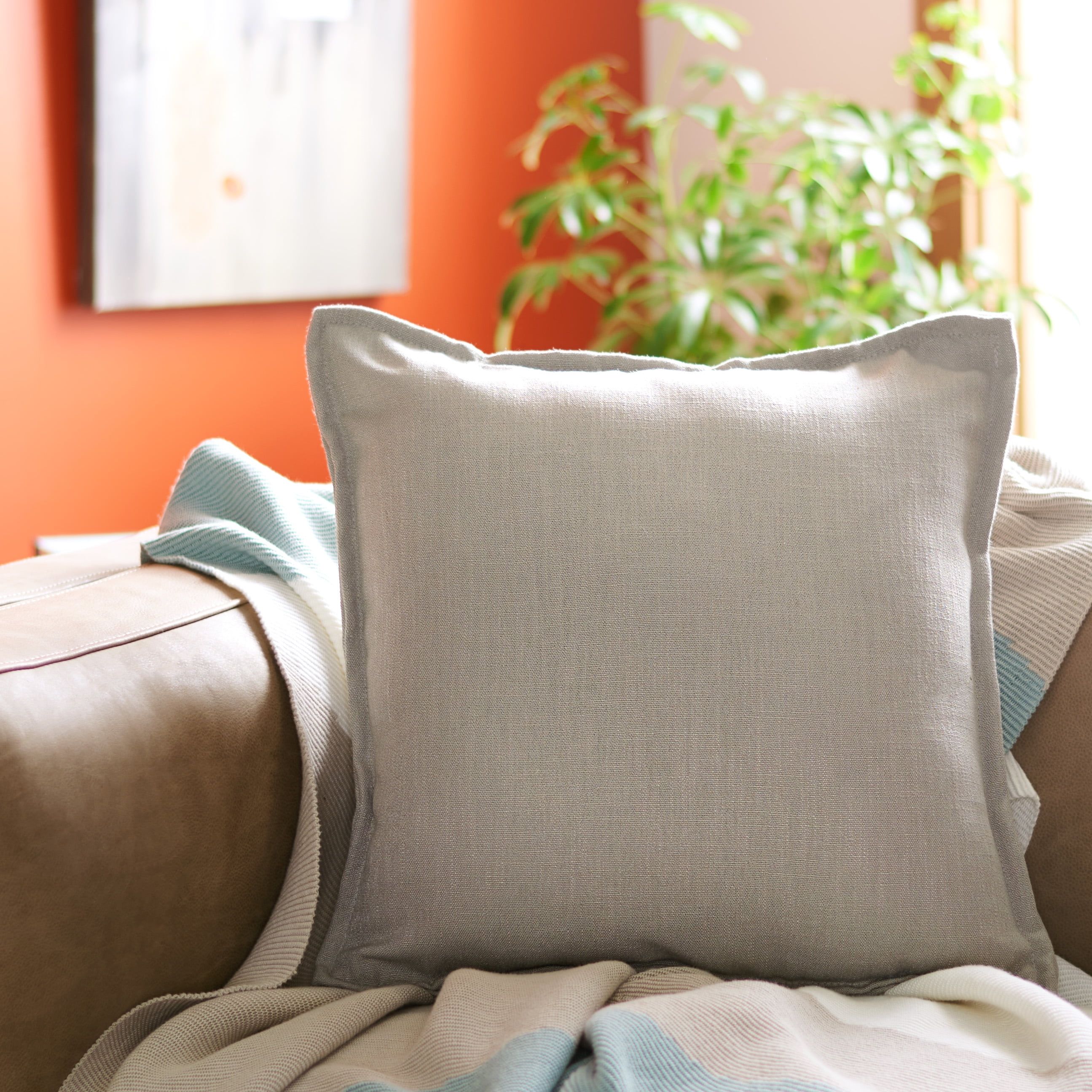 Gray Cotton Blend Square Throw Pillow with Flanged Edges