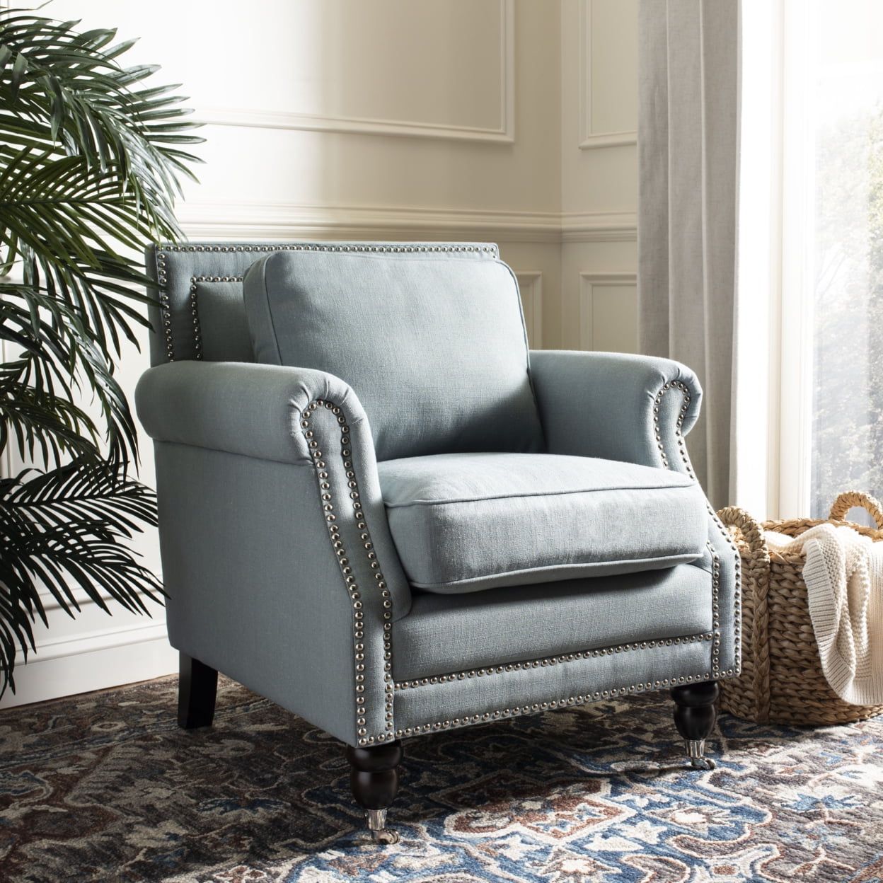 Sky Blue Linen Arm Chair with Nailhead Trim