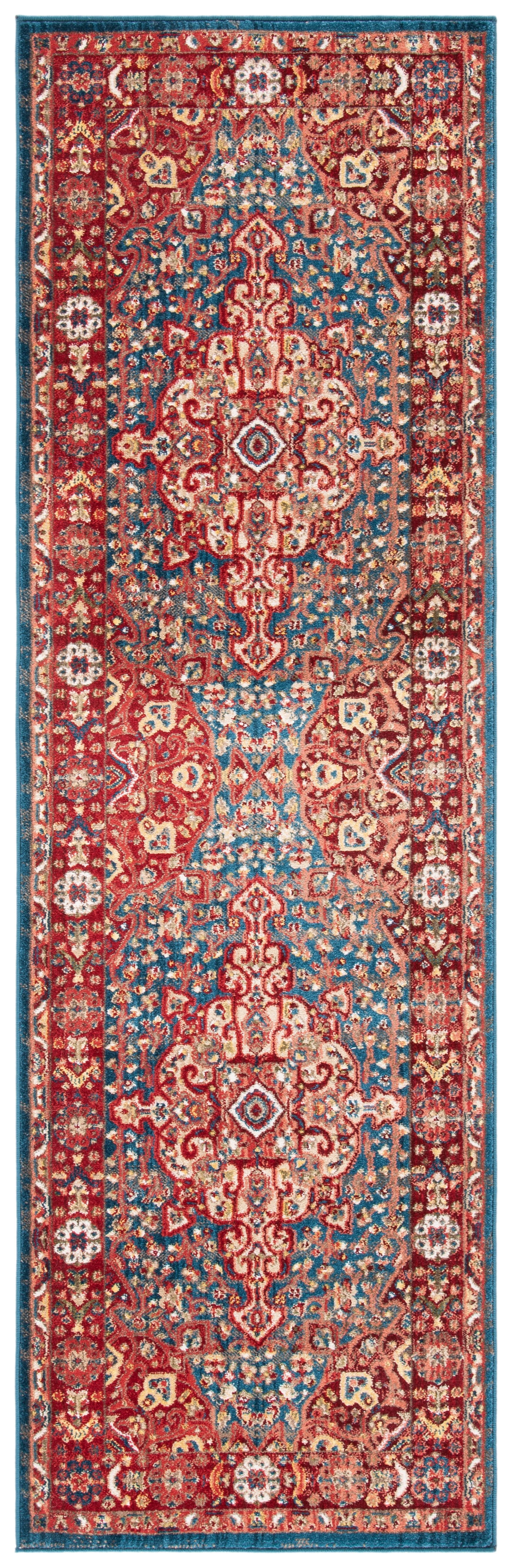 Blue and Red Synthetic Oriental Runner Rug, 2'6" x 12'