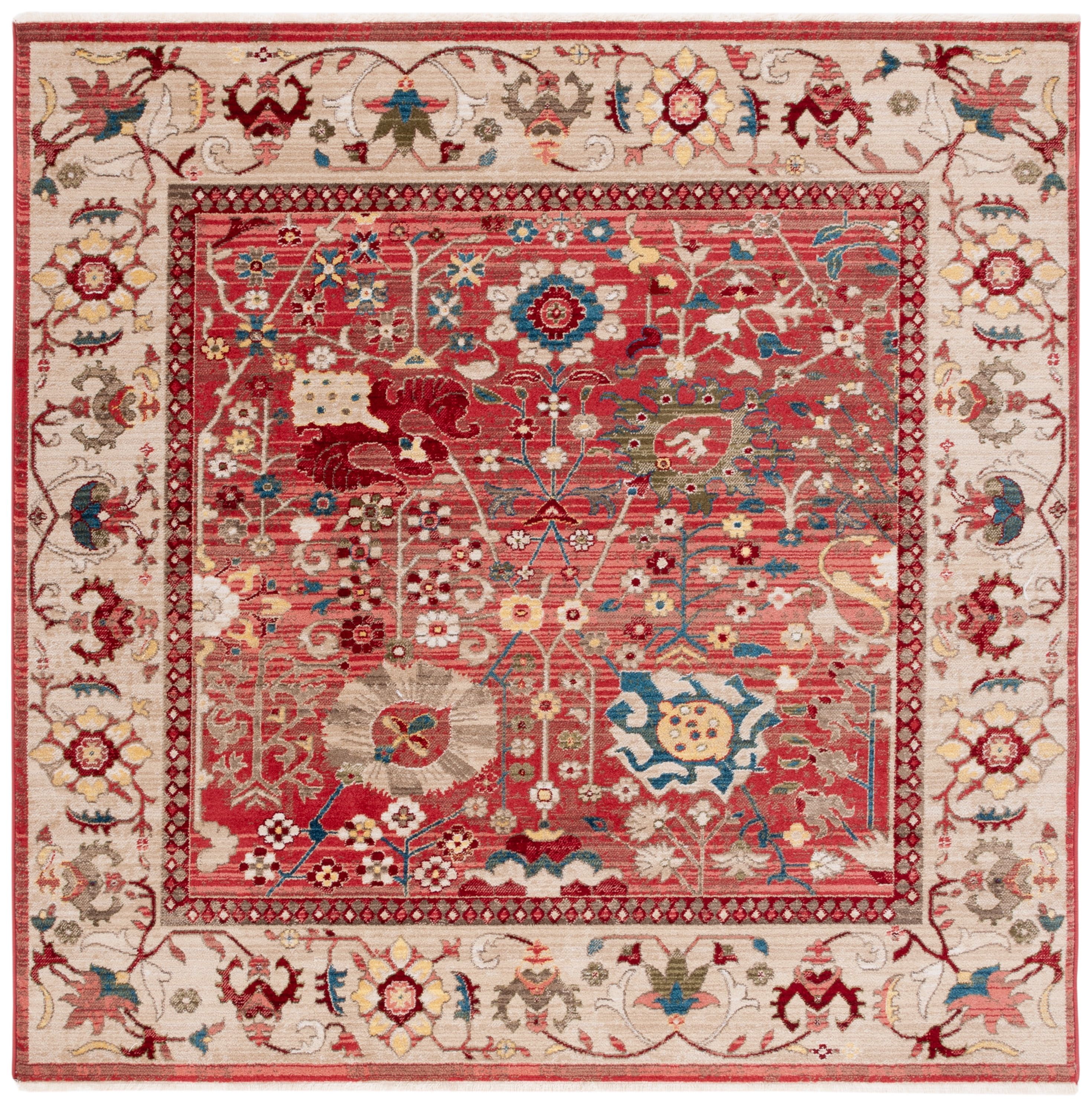Red and Beige Synthetic Square Oriental Area Rug 6'-7" x 6'-7"