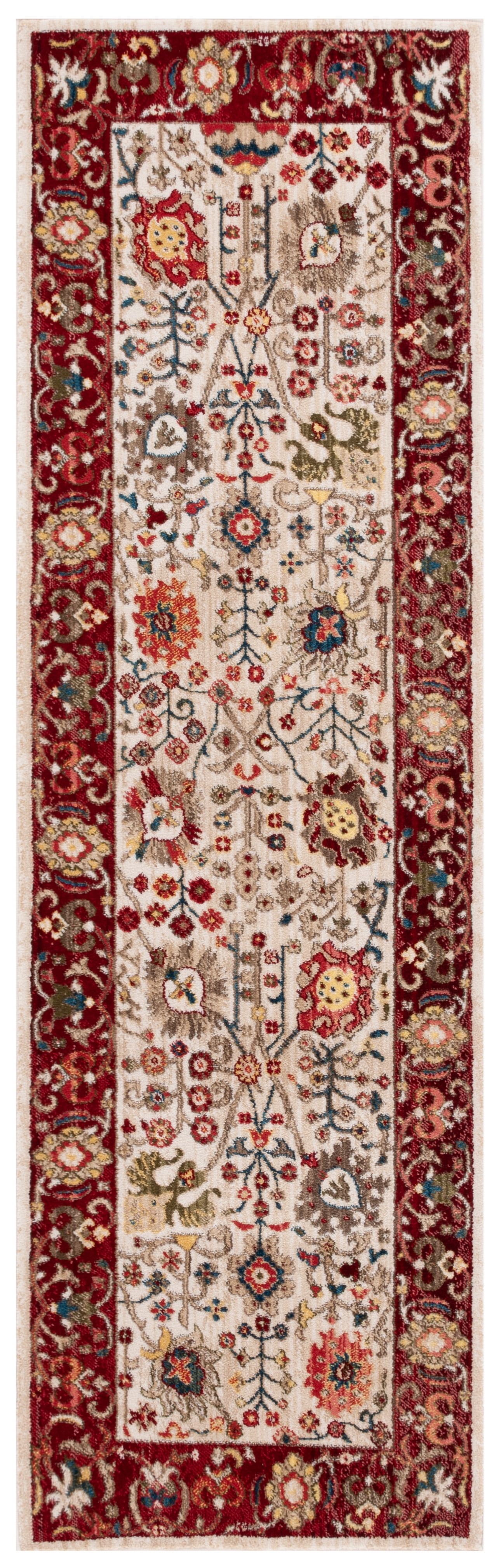 Ivory and Red Oriental Runner Rug with Synthetic Material