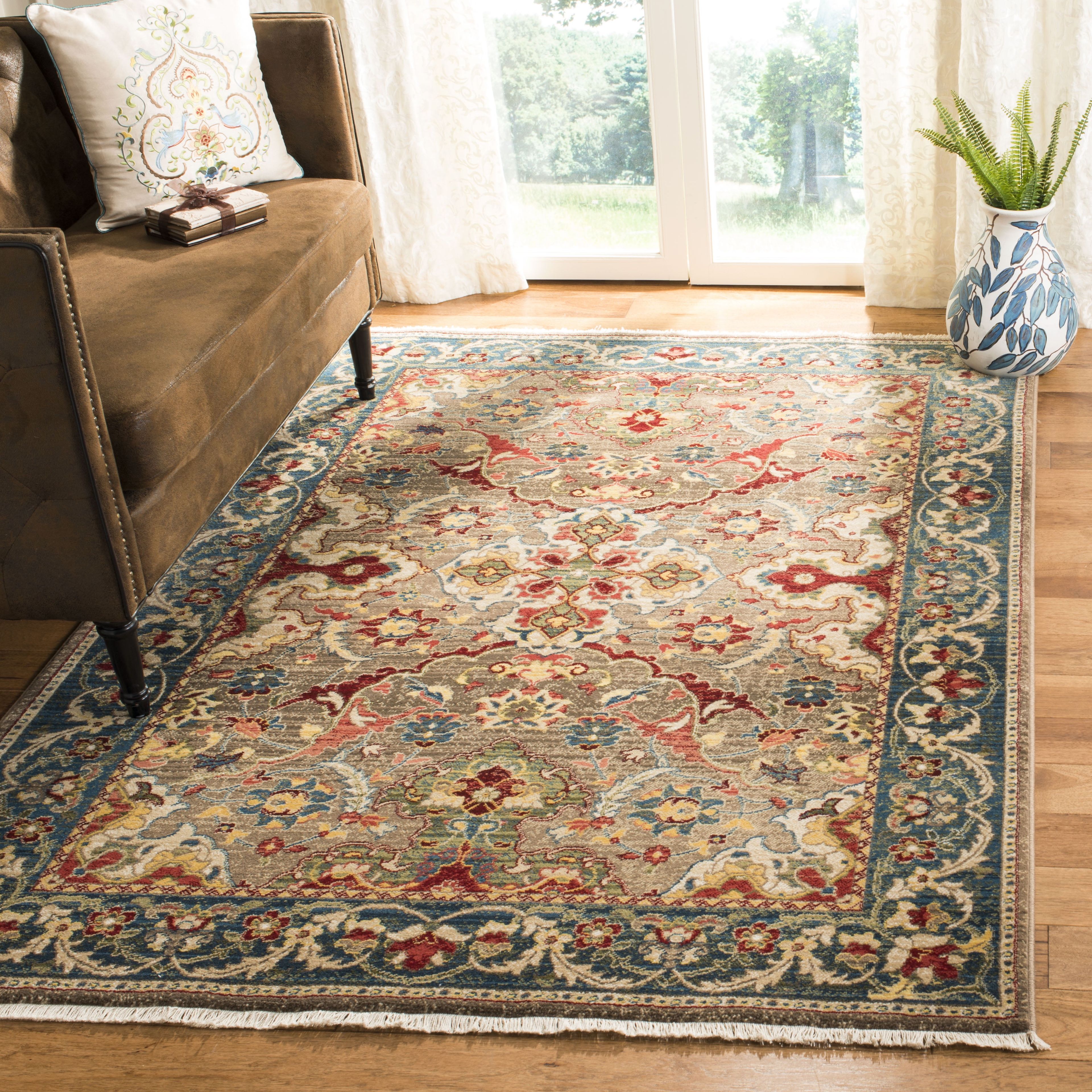 Elegant Taupe & Blue Reversible Synthetic Area Rug, 3'3" x 4'10"