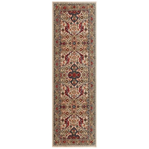 Ivory and Taupe Synthetic Traditional Oriental Runner Rug