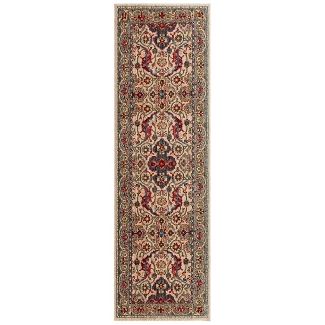 Ivory and Taupe Synthetic Traditional Oriental Runner Rug