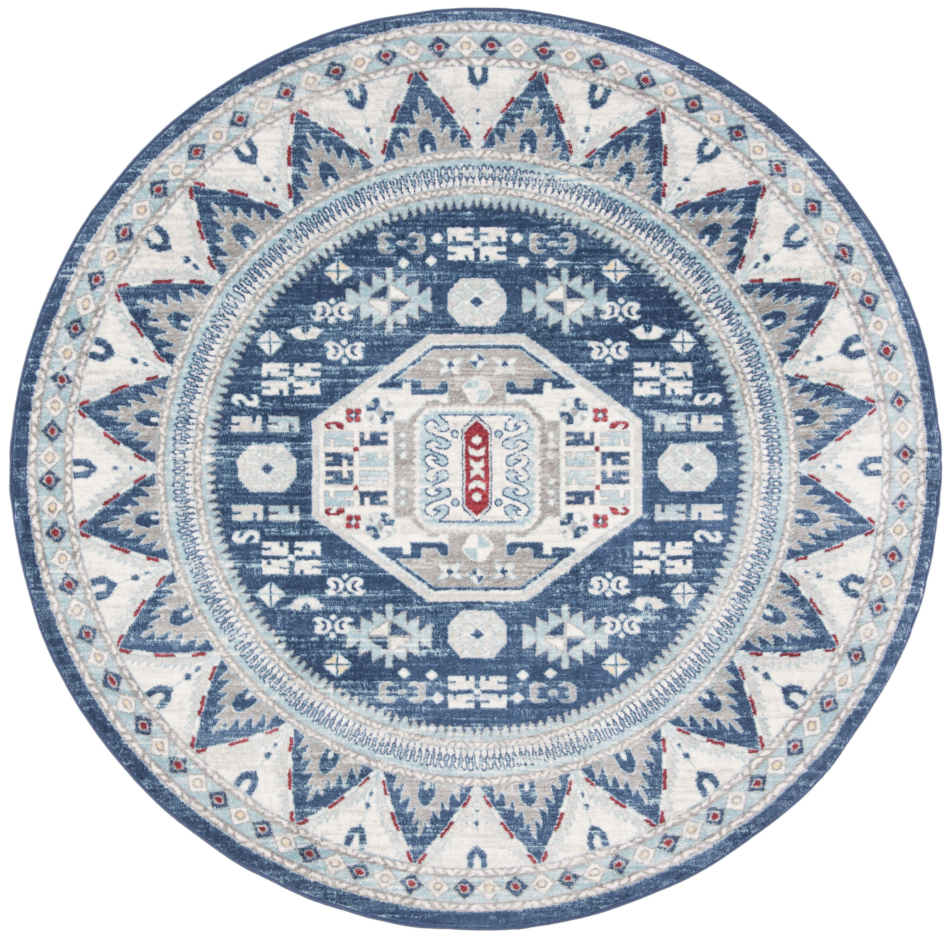 Round Blue and Creme Synthetic Non-slip Area Rug, 80"