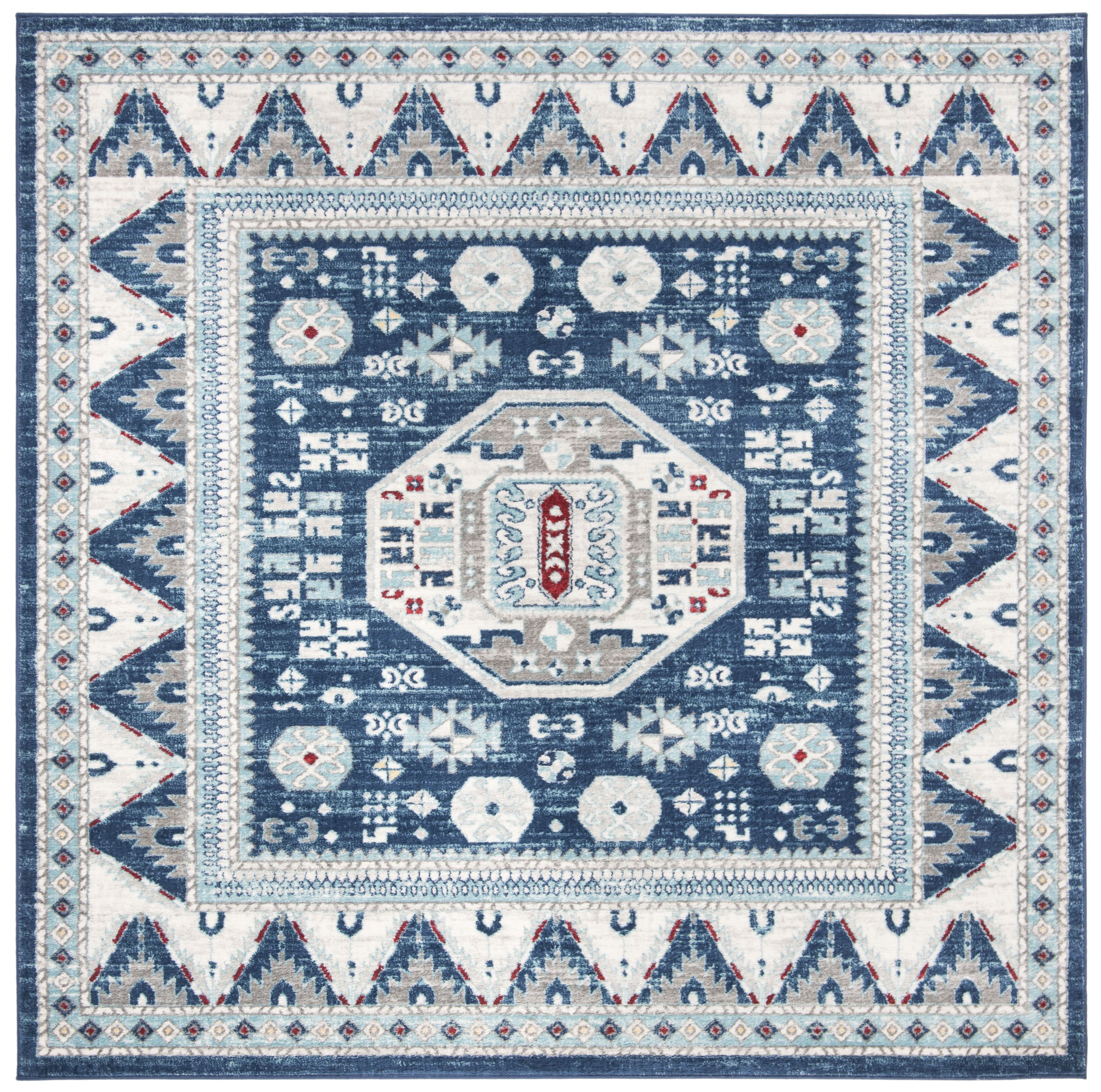 Blue and Cream Geometric Square Area Rug 80"