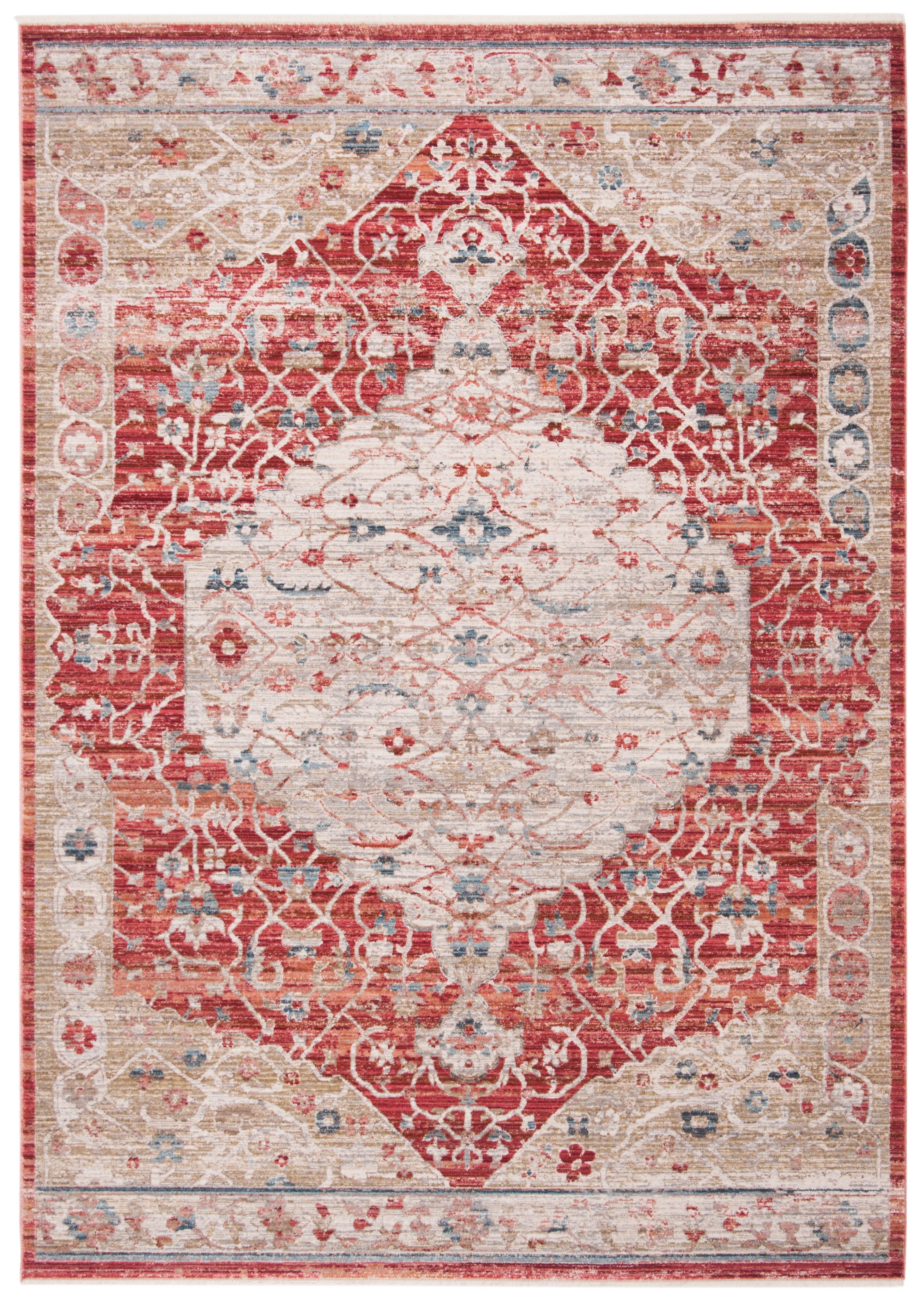 Vintage-Style Silky Sheen Red & Beige 8' x 10' Synthetic Rug