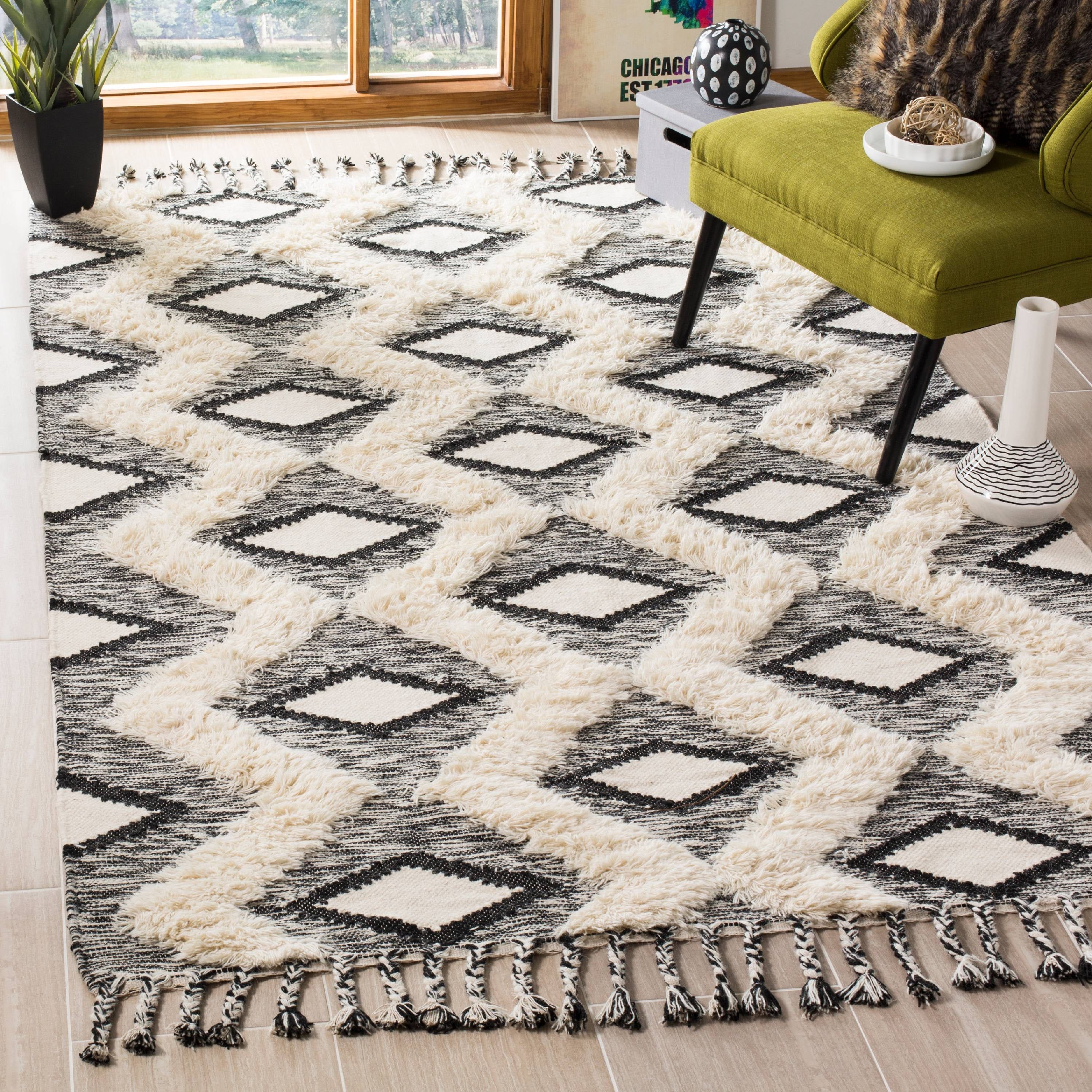 Hand-Knotted Black and Ivory Wool Geometric Area Rug, 6' x 9'