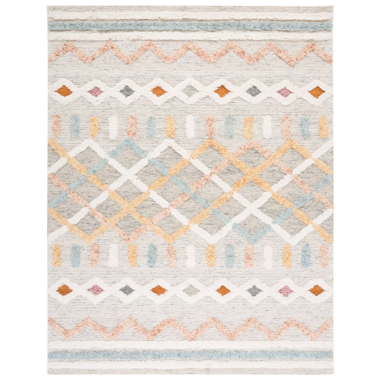 Ivory and Blue Hand-Knotted Wool Tribal Rug, 10' x 14'