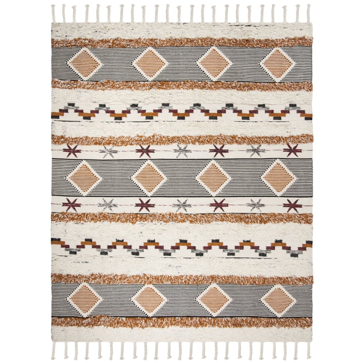 Ivory and Black-Orange Hand-Knotted Wool Geometric 8' x 10' Rug