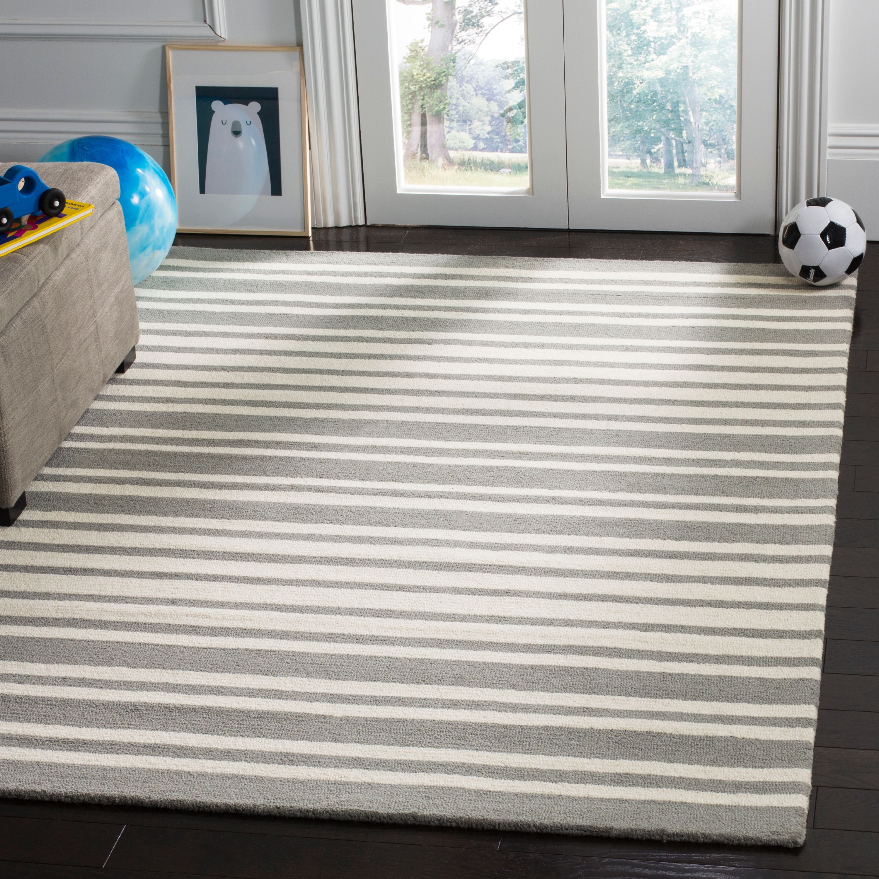 Gray and White Striped Wool 6' x 9' Kids Rug