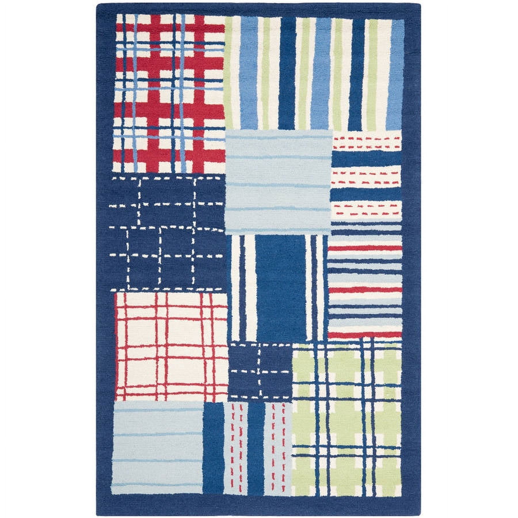 Handmade Blue Patchwork Wool Kids Rug, 4' x 6'