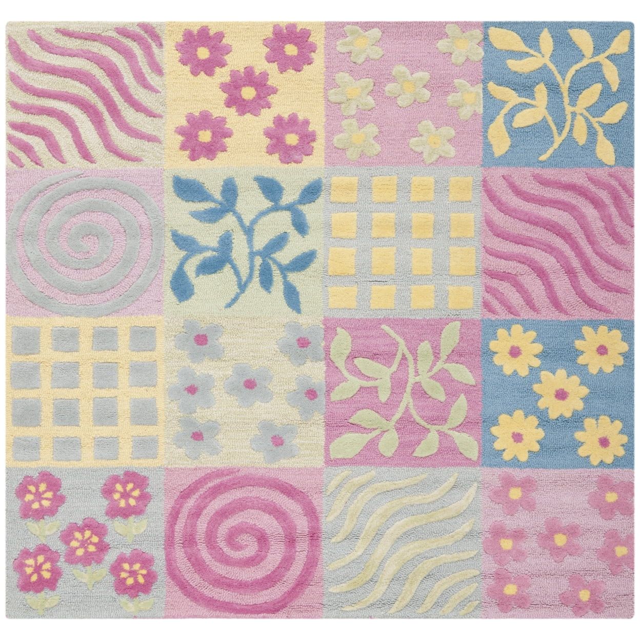 Handmade Geometric Wool Kids Square Rug in Pink & Multi, 59"