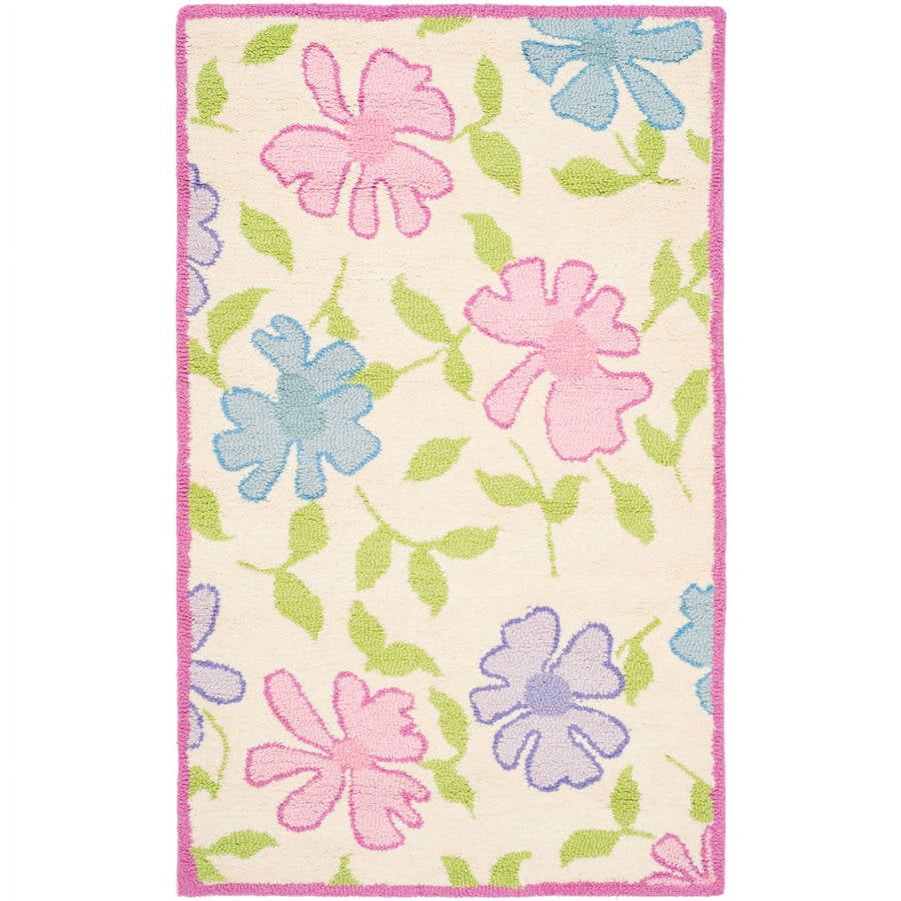 Ivory and Pink Floral Hand-Tufted Wool Kids Rug, 3' x 5'