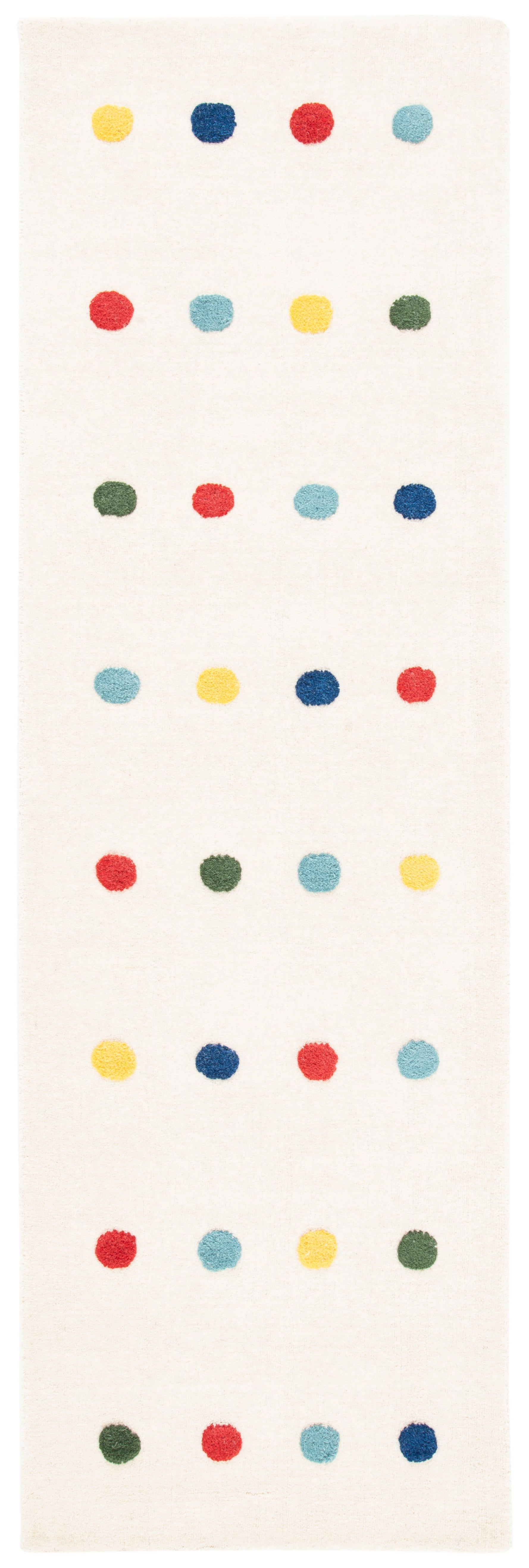 Ivory Wool Kids Runner Rug with Colorful Polka Dots, 2'3" x 6'