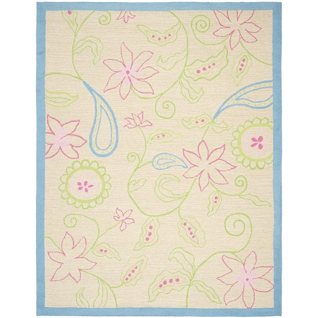 Ivory and Blue Floral Geometric Wool Kids Rug, 5' x 8'